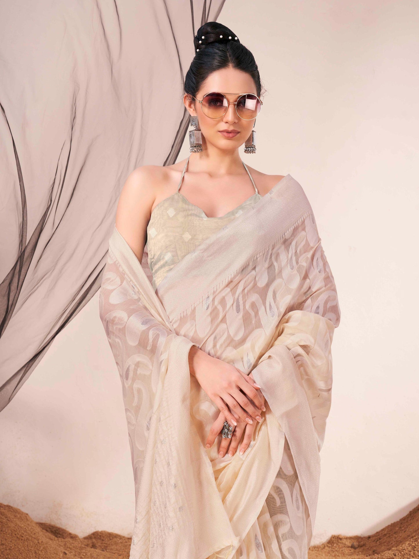 Dhiyona TI Women's Ready To Wear Beige Woven Saree with Unstitched Blouse