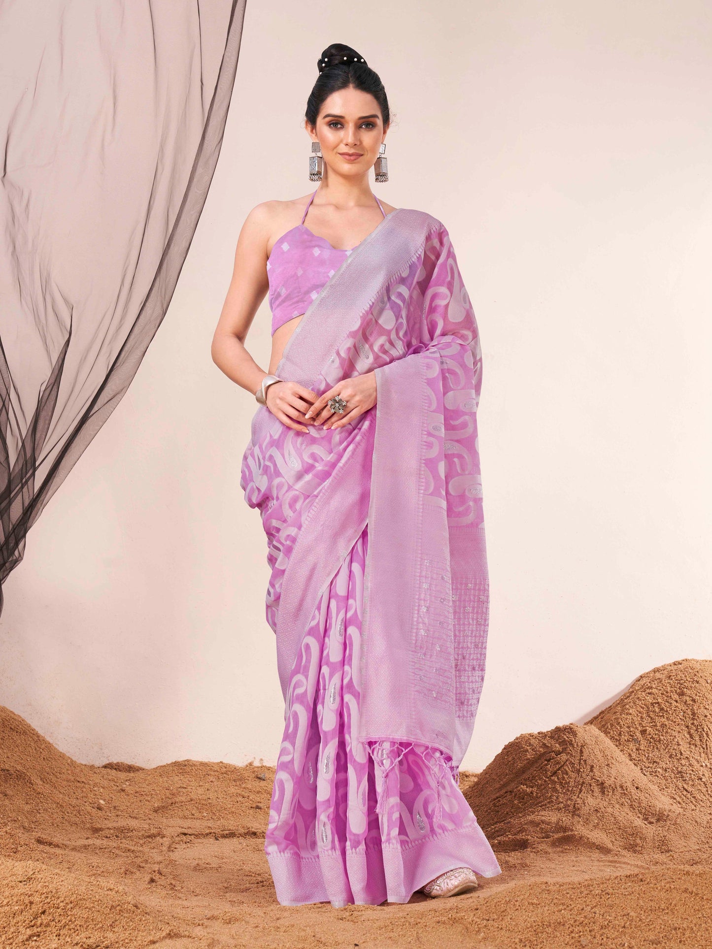 Dhiyona TI Women's Ready To Wear Lavender Woven Saree with Unstitched Blouse