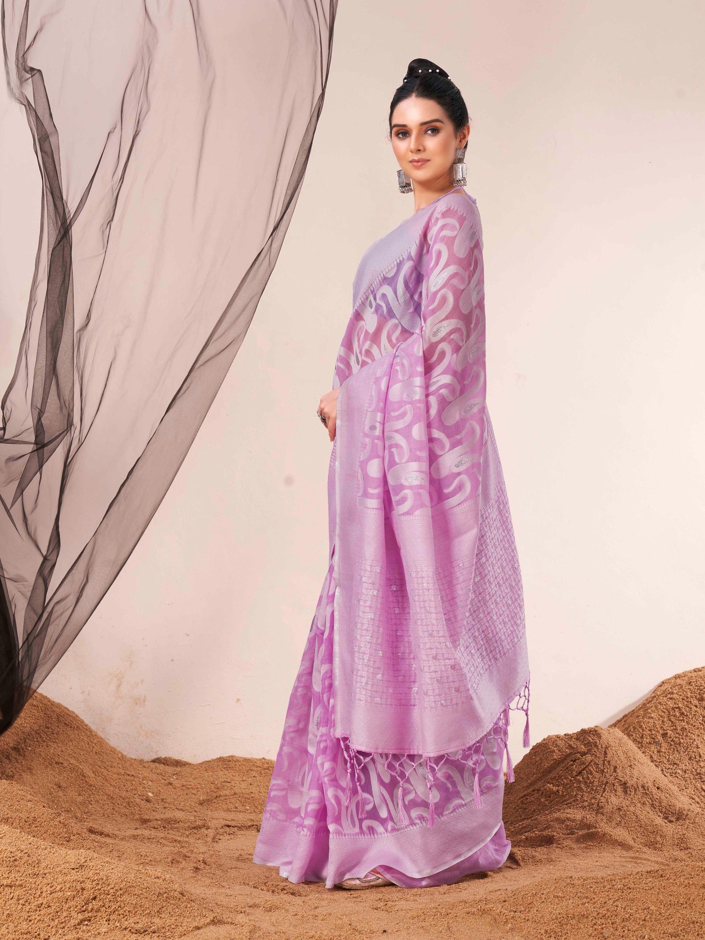 Dhiyona TI Women's Ready To Wear Lavender Woven Saree with Unstitched Blouse