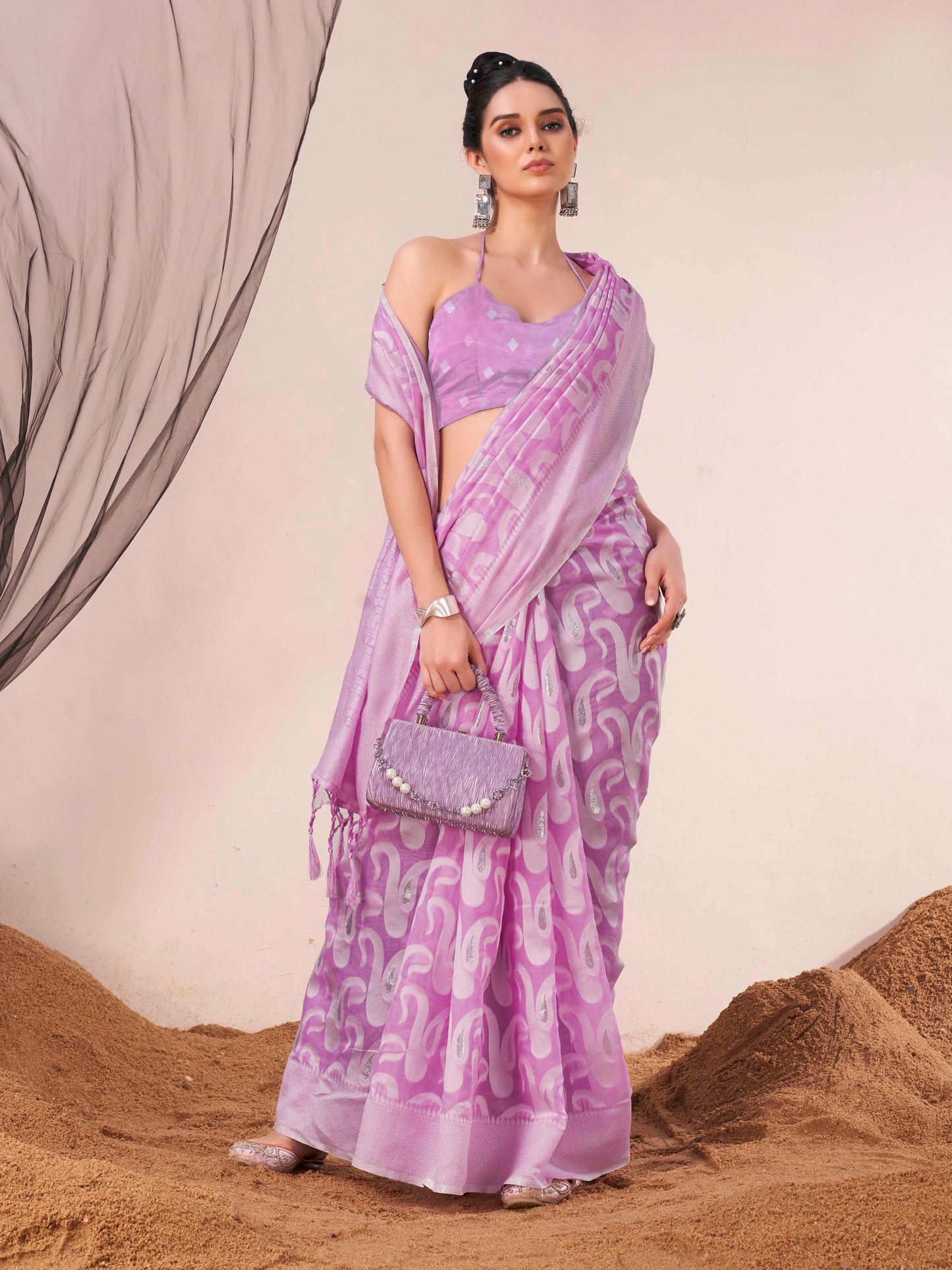 Dhiyona TI Women's Ready To Wear Lavender Woven Saree with Unstitched Blouse