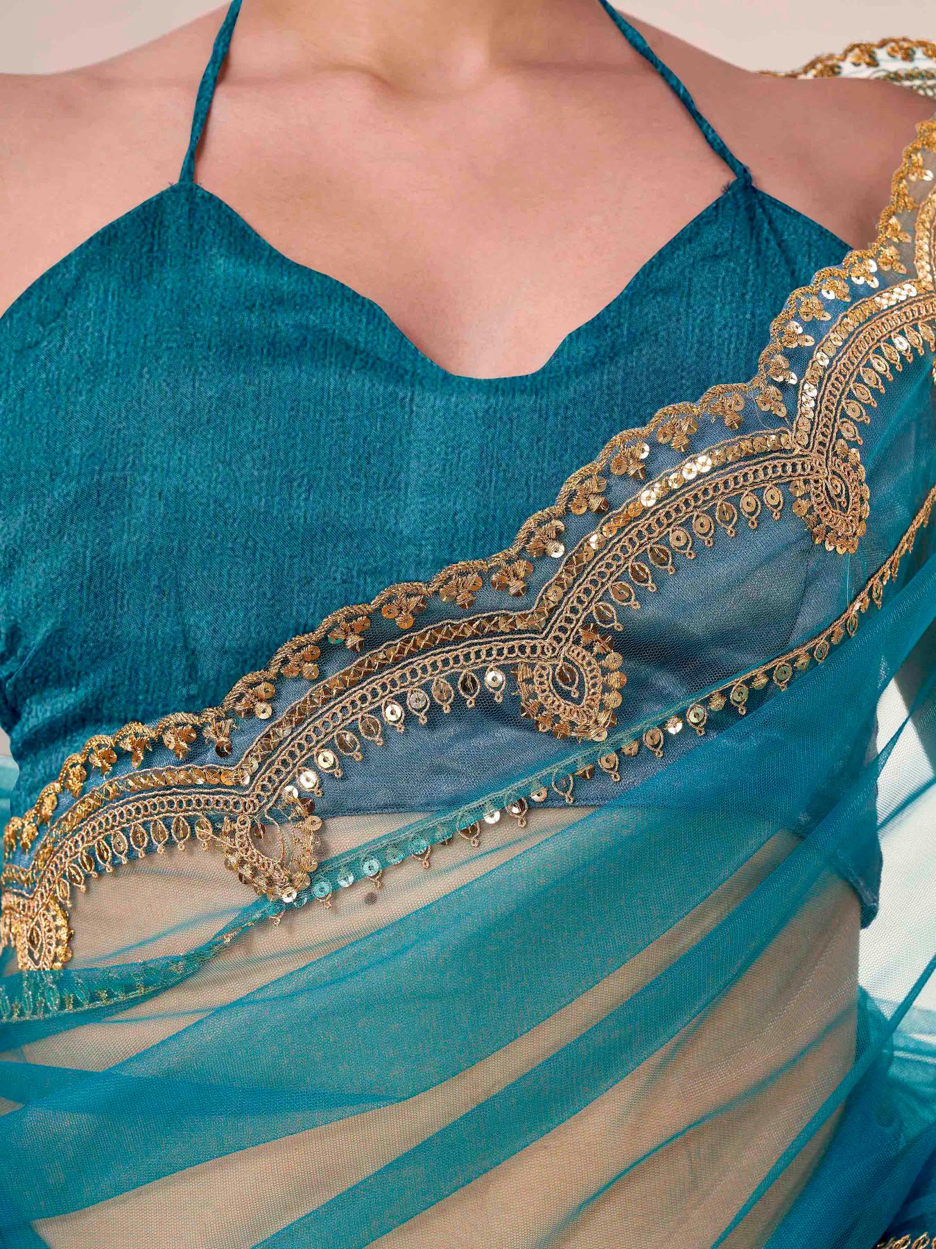 Dhiyona TI Women's Firozi Colored Net Embellished Saree with Unstitched Blouse