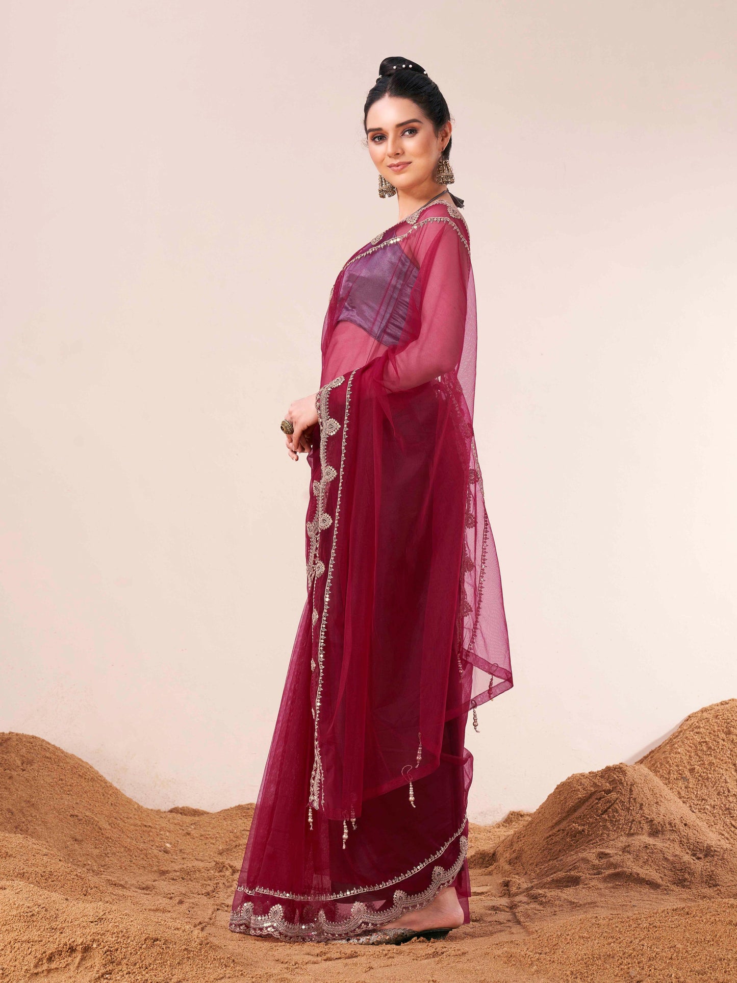 Dhiyona TI Women's Maroon Colored Net Embellished Saree with Unstitched Blouse