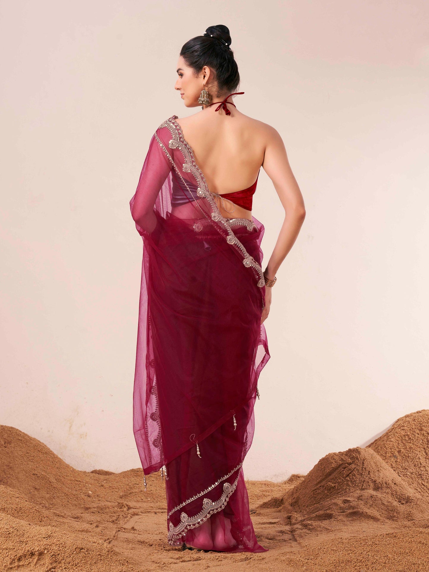 Dhiyona TI Women's Maroon Colored Net Embellished Saree with Unstitched Blouse