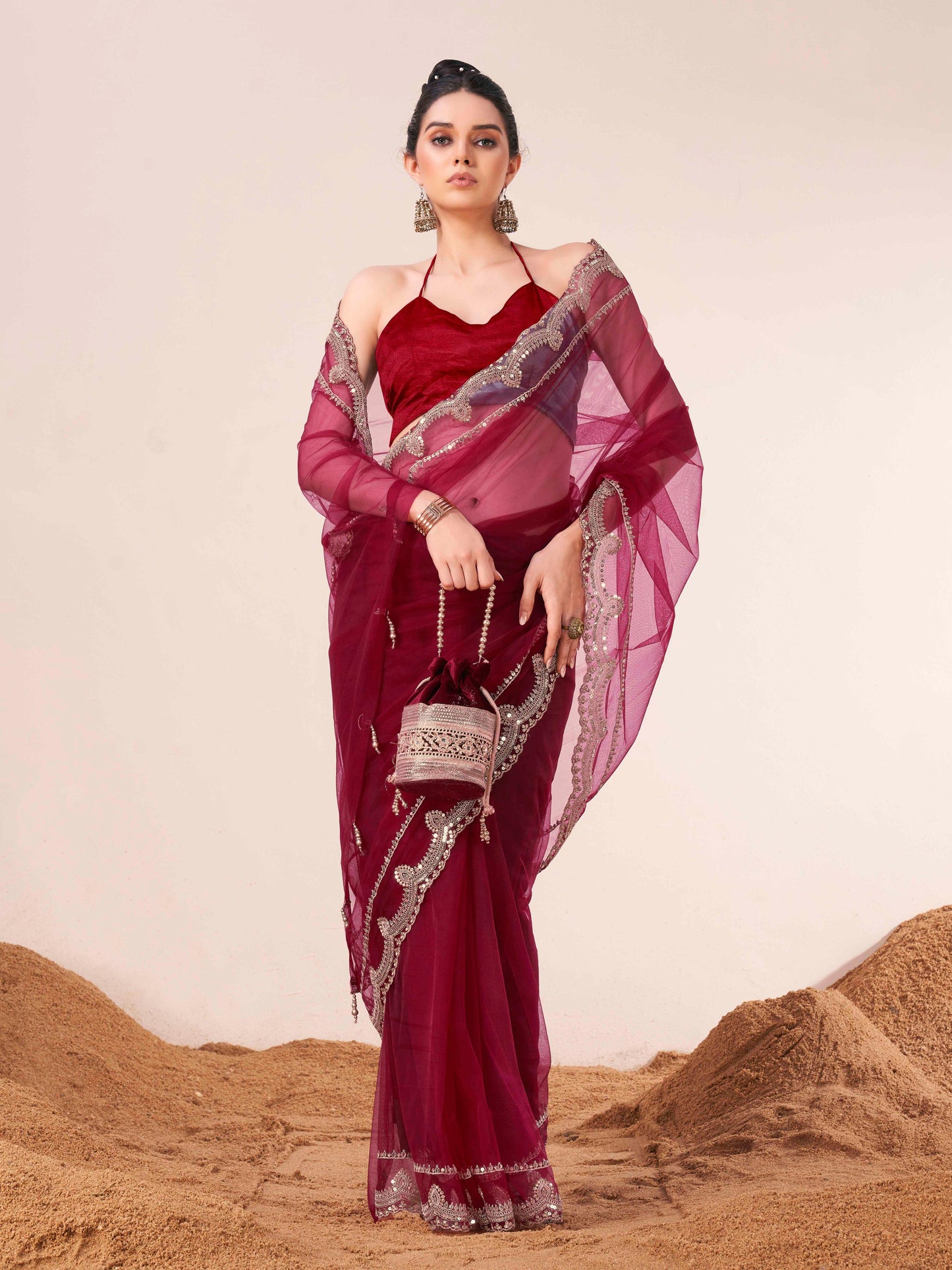 Dhiyona TI Women's Maroon Colored Net Embellished Saree with Unstitched Blouse