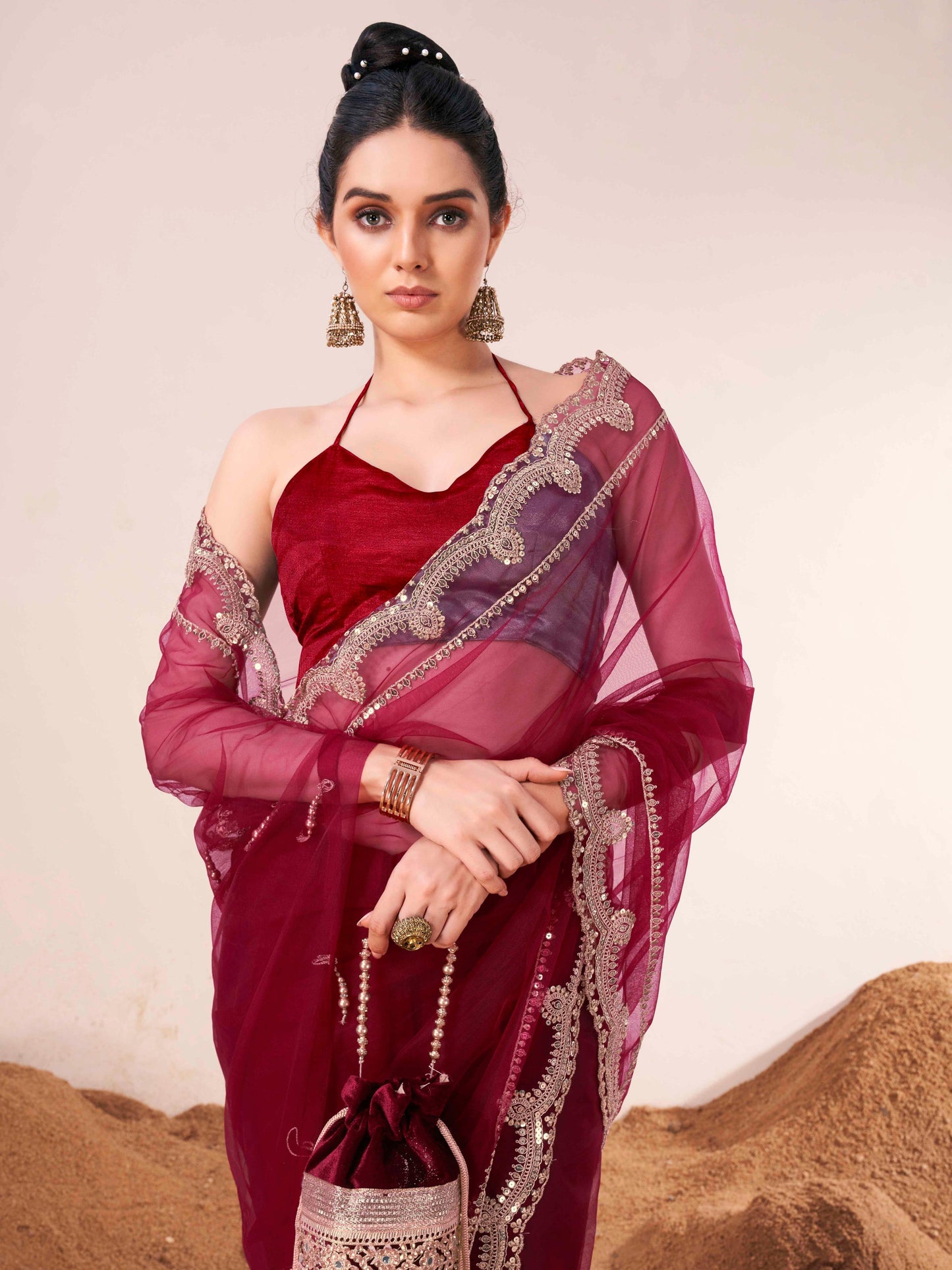 Dhiyona TI Women's Maroon Colored Net Embellished Saree with Unstitched Blouse