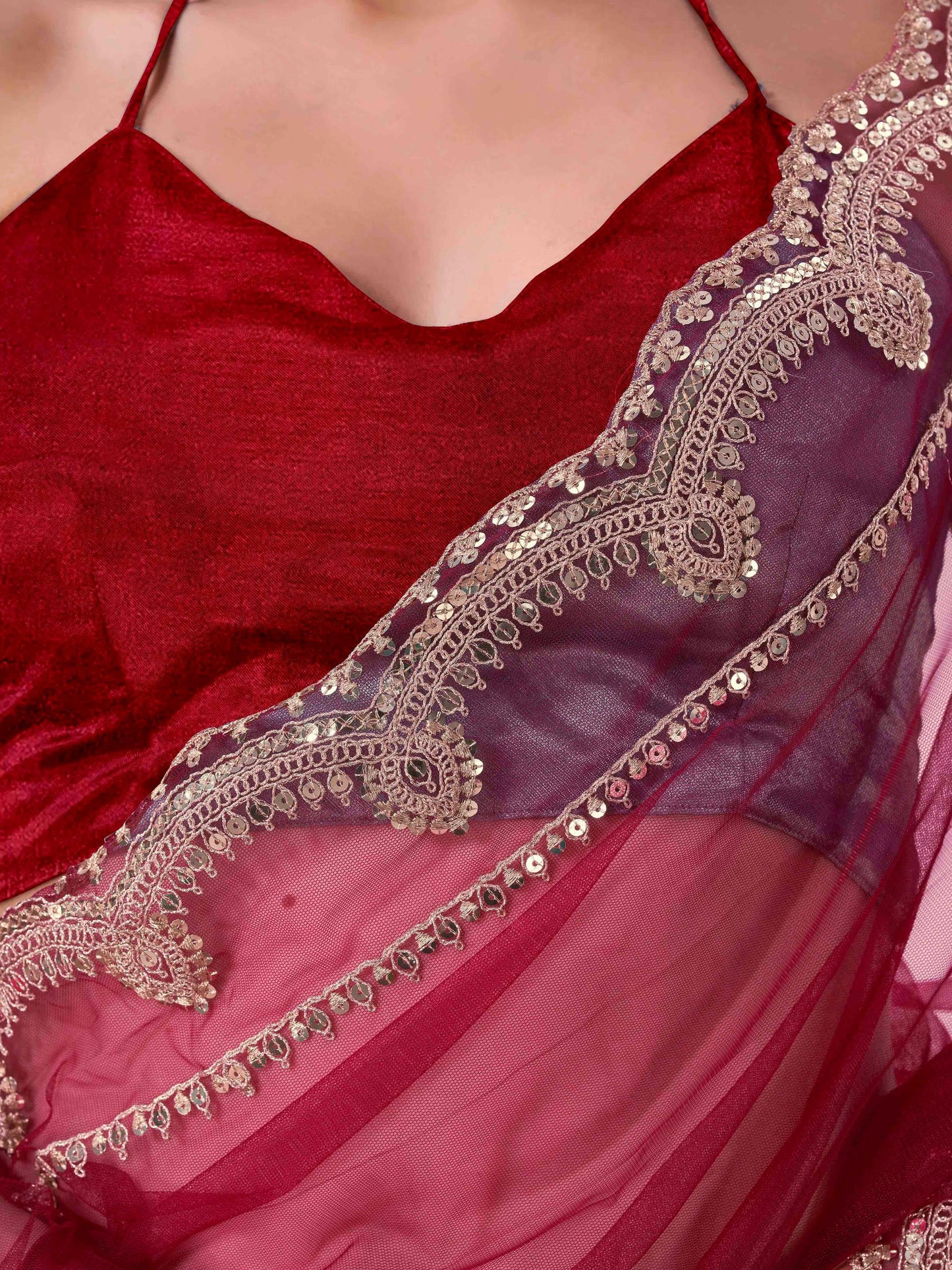 Dhiyona TI Women's Maroon Colored Net Embellished Saree with Unstitched Blouse