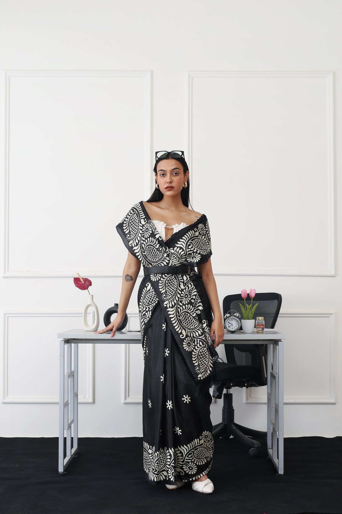 Dhiyona TI Women's Ready To Wear Black Colored Printed Satin Saree with Unstitched Blouse