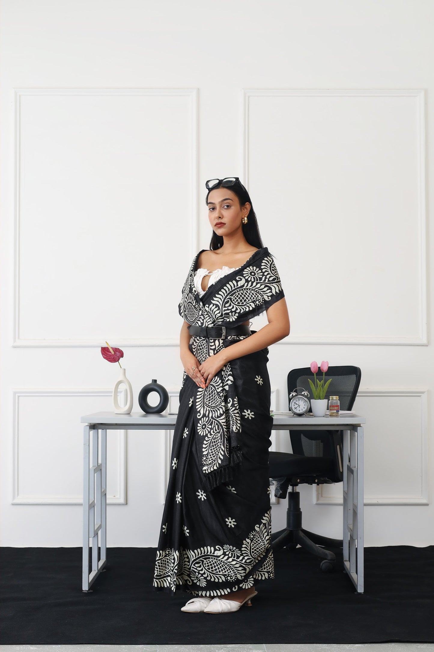 Dhiyona TI Women's Ready To Wear Black Colored Printed Satin Saree with Unstitched Blouse