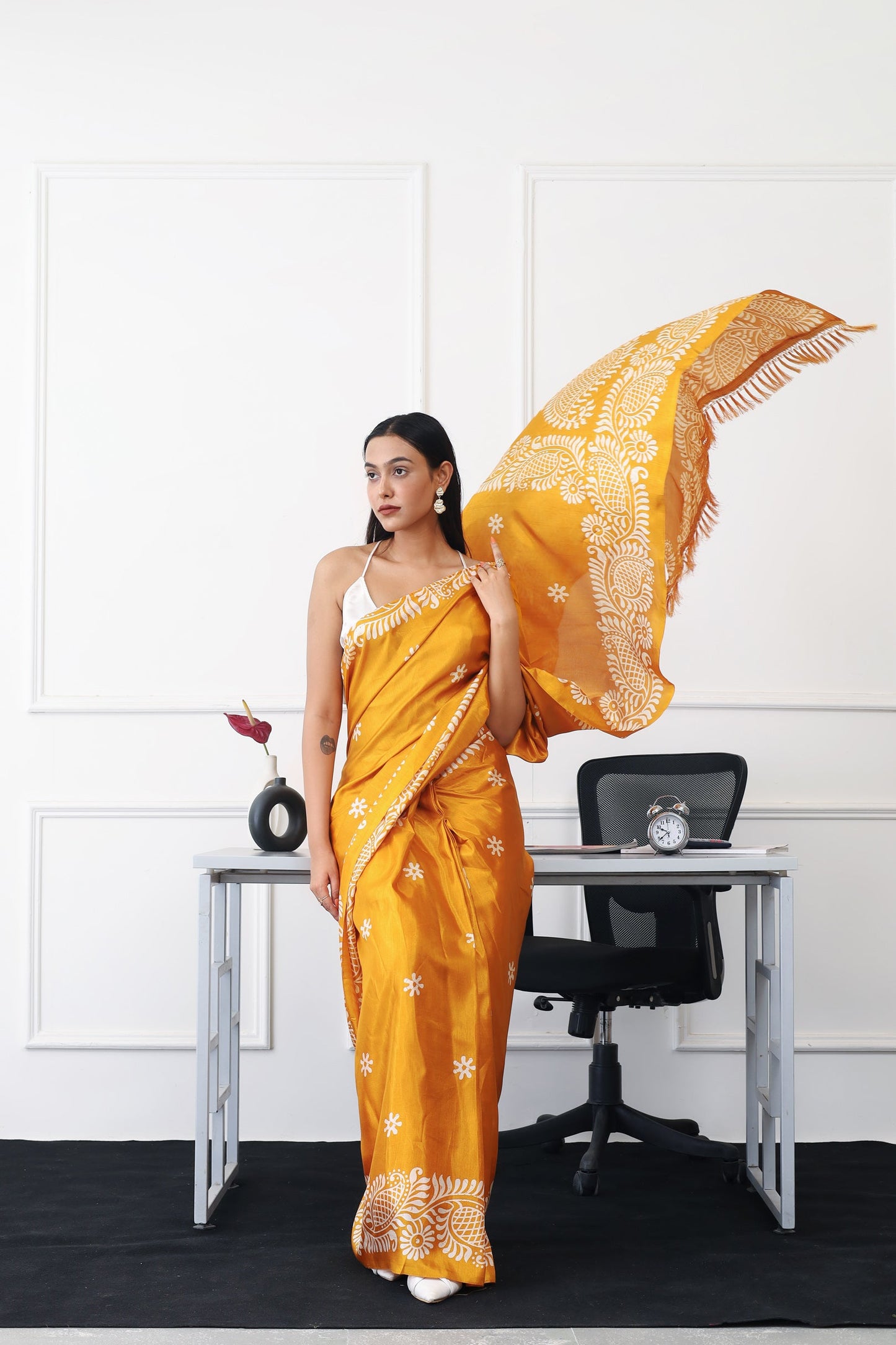 Dhiyona TI Women's Ready To Wear Mustard Colored Printed Satin Saree with Unstitched Blouse