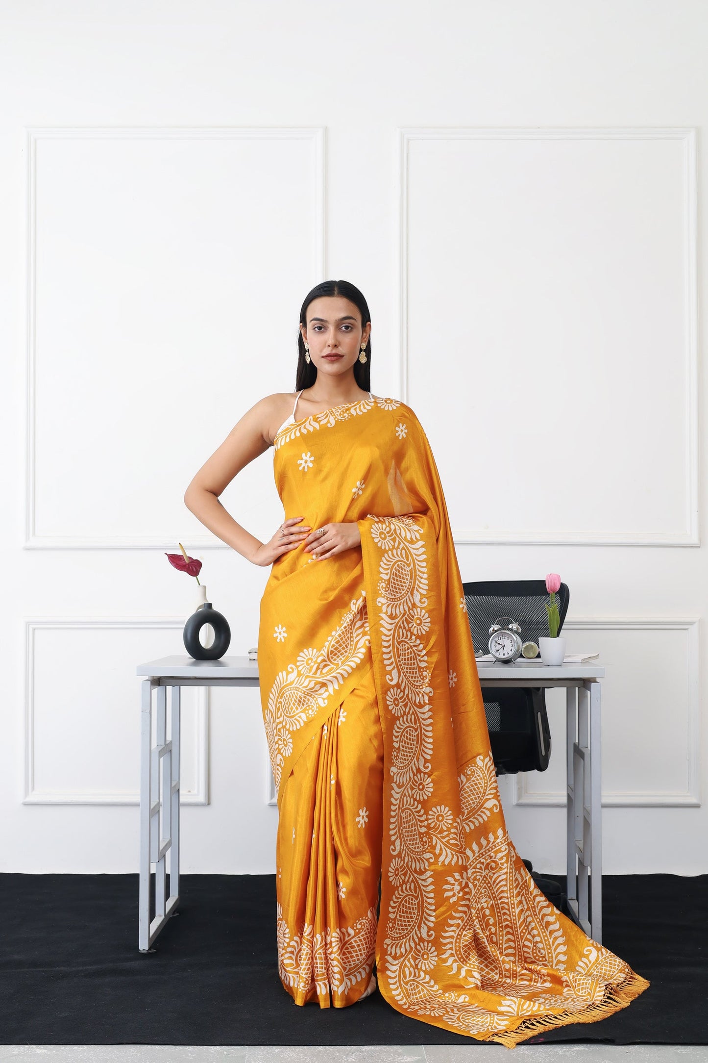 Dhiyona TI Women's Ready To Wear Mustard Colored Printed Satin Saree with Unstitched Blouse
