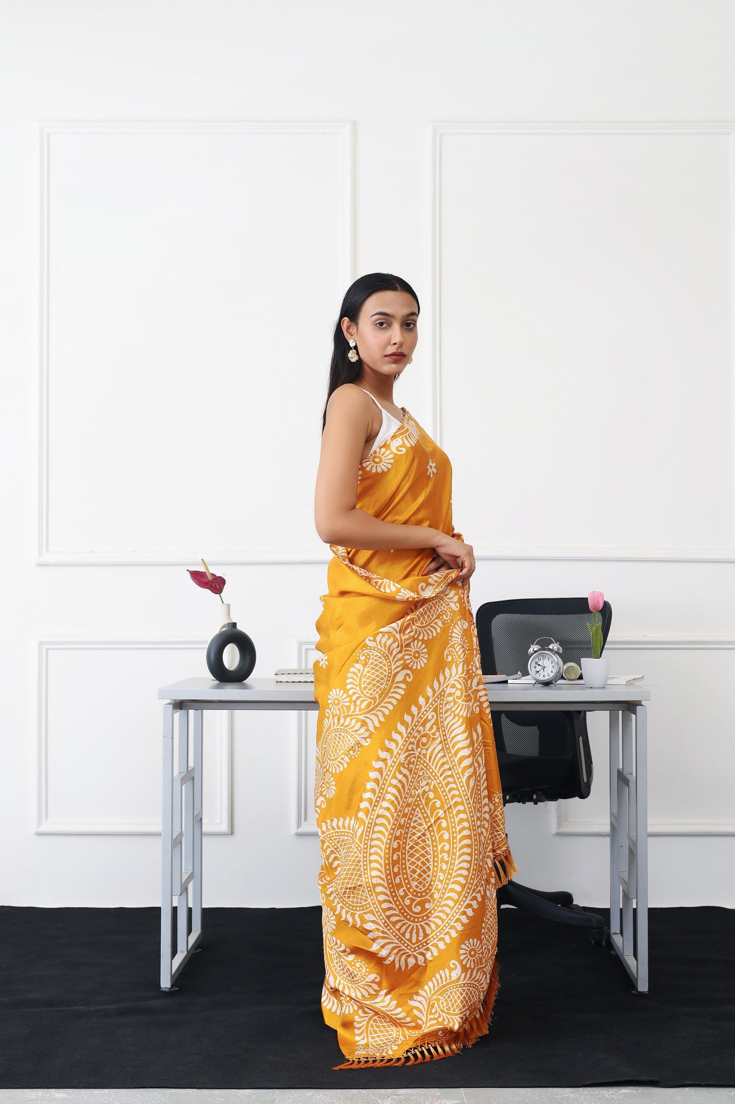 Dhiyona TI Women's Ready To Wear Mustard Colored Printed Satin Saree with Unstitched Blouse