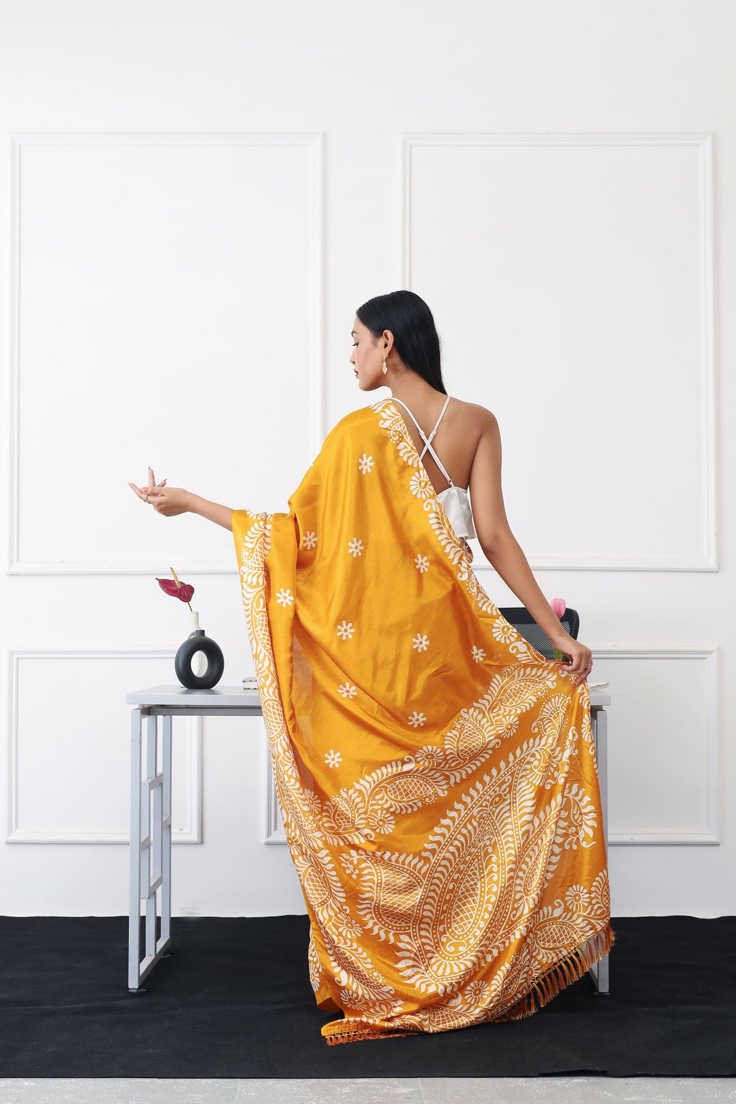 Dhiyona TI Women's Ready To Wear Mustard Colored Printed Satin Saree with Unstitched Blouse