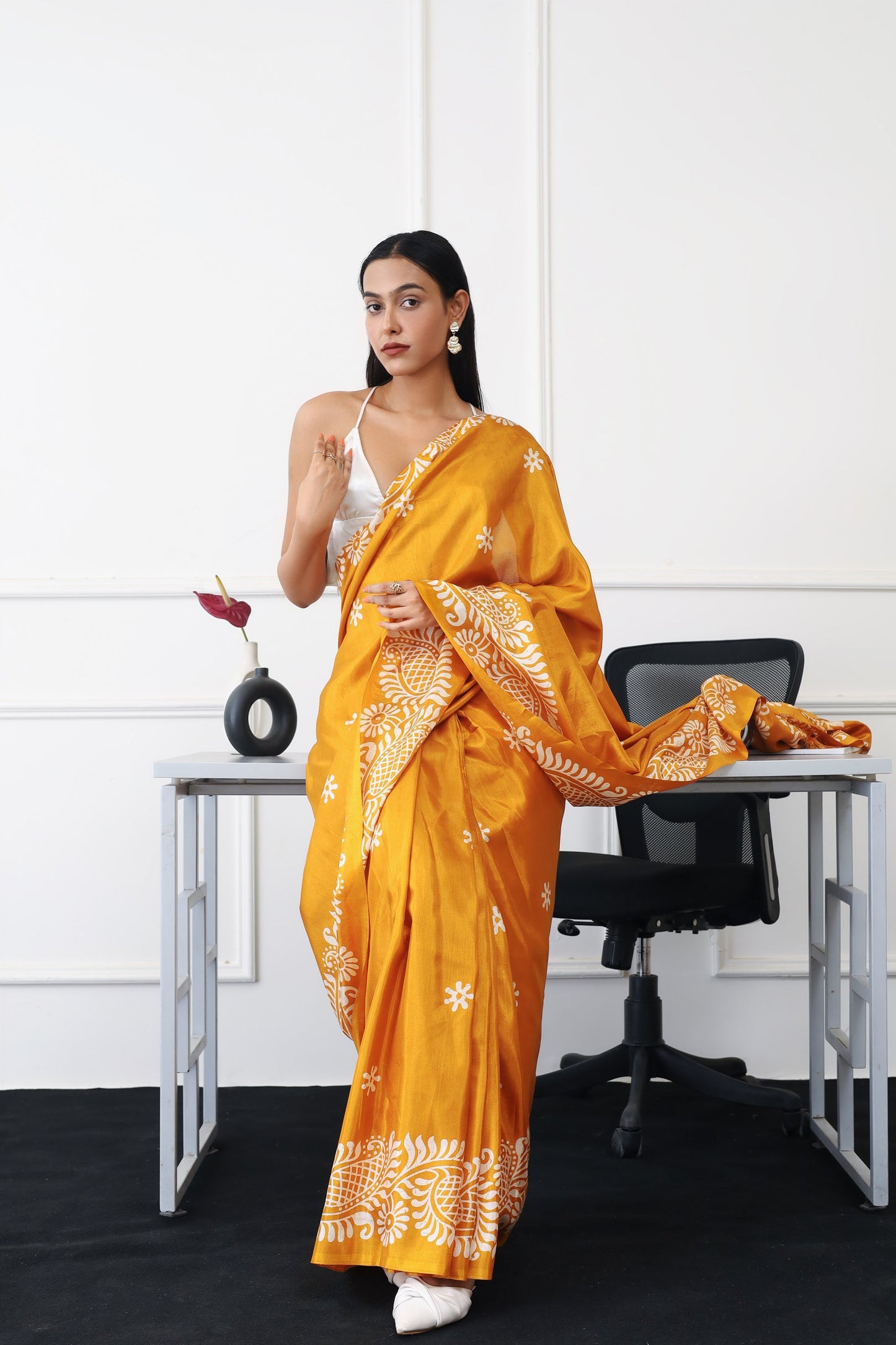 Dhiyona TI Women's Ready To Wear Mustard Colored Printed Satin Saree with Unstitched Blouse