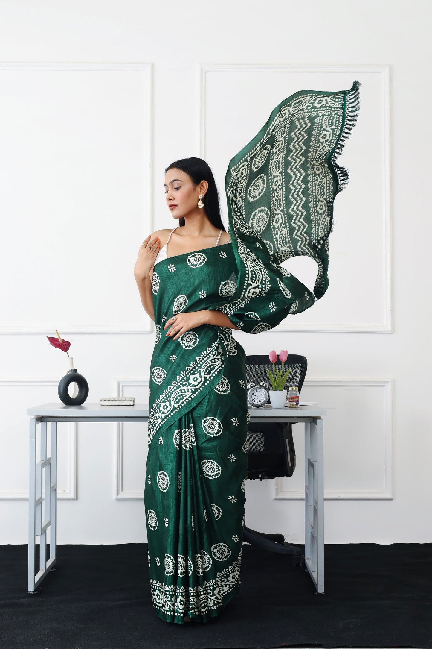 Dhiyona TI Women's Ready To Wear Green Floral Printed Satin Saree with Unstitched Blouse