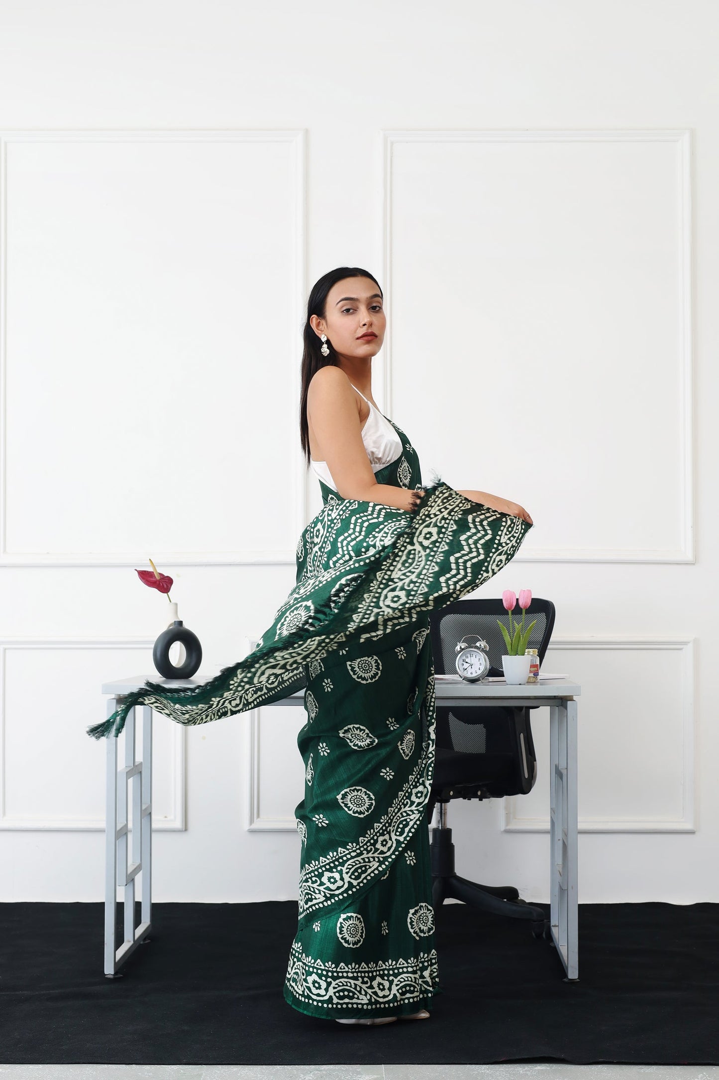 Dhiyona TI Women's Ready To Wear Green Floral Printed Satin Saree with Unstitched Blouse