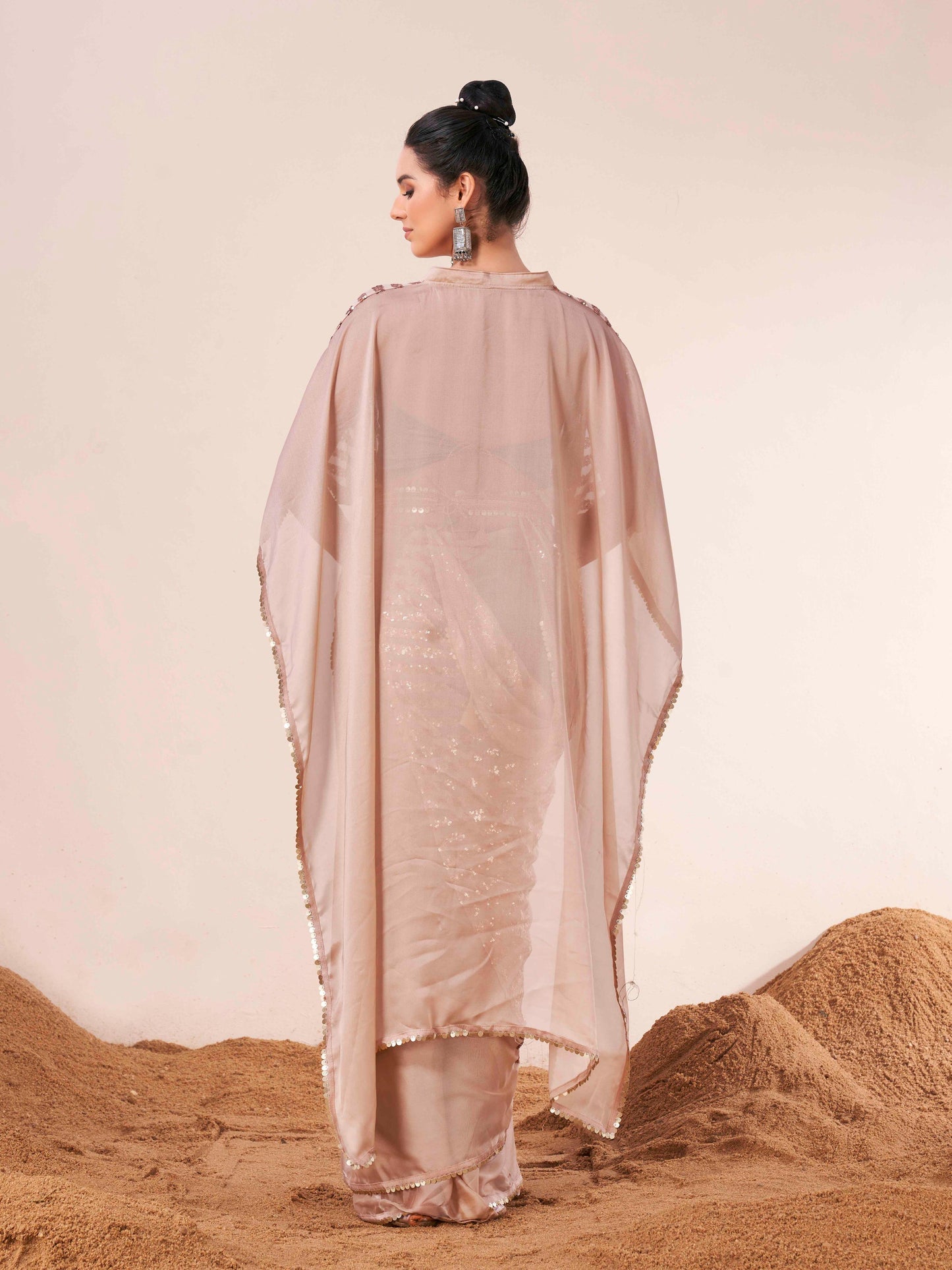 Dhiyona TI Women's Beige Colored Designer Kaftan Saree with Unstitched Blouse Embellished Belt
