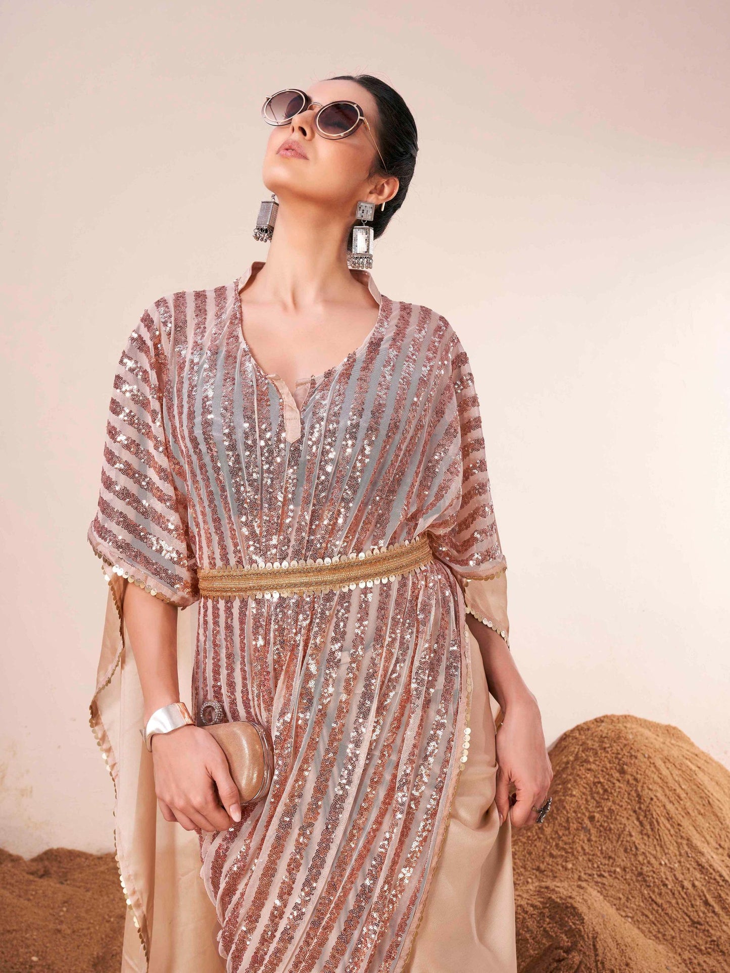 Dhiyona TI Women's Beige Colored Designer Kaftan Saree with Unstitched Blouse Embellished Belt