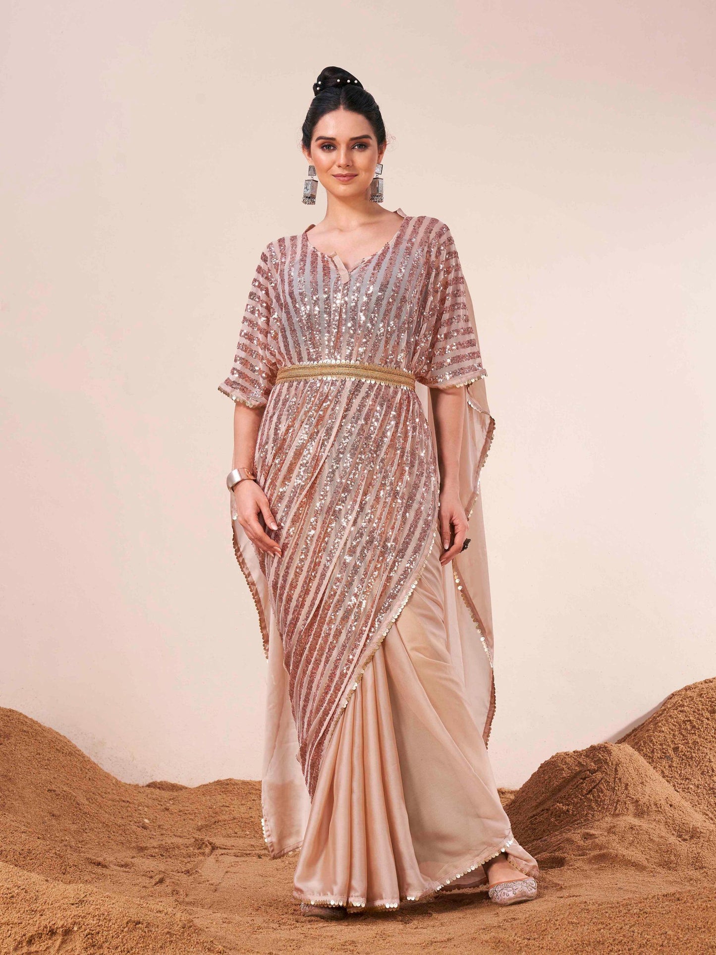 Dhiyona TI Women's Beige Colored Designer Kaftan Saree with Unstitched Blouse Embellished Belt