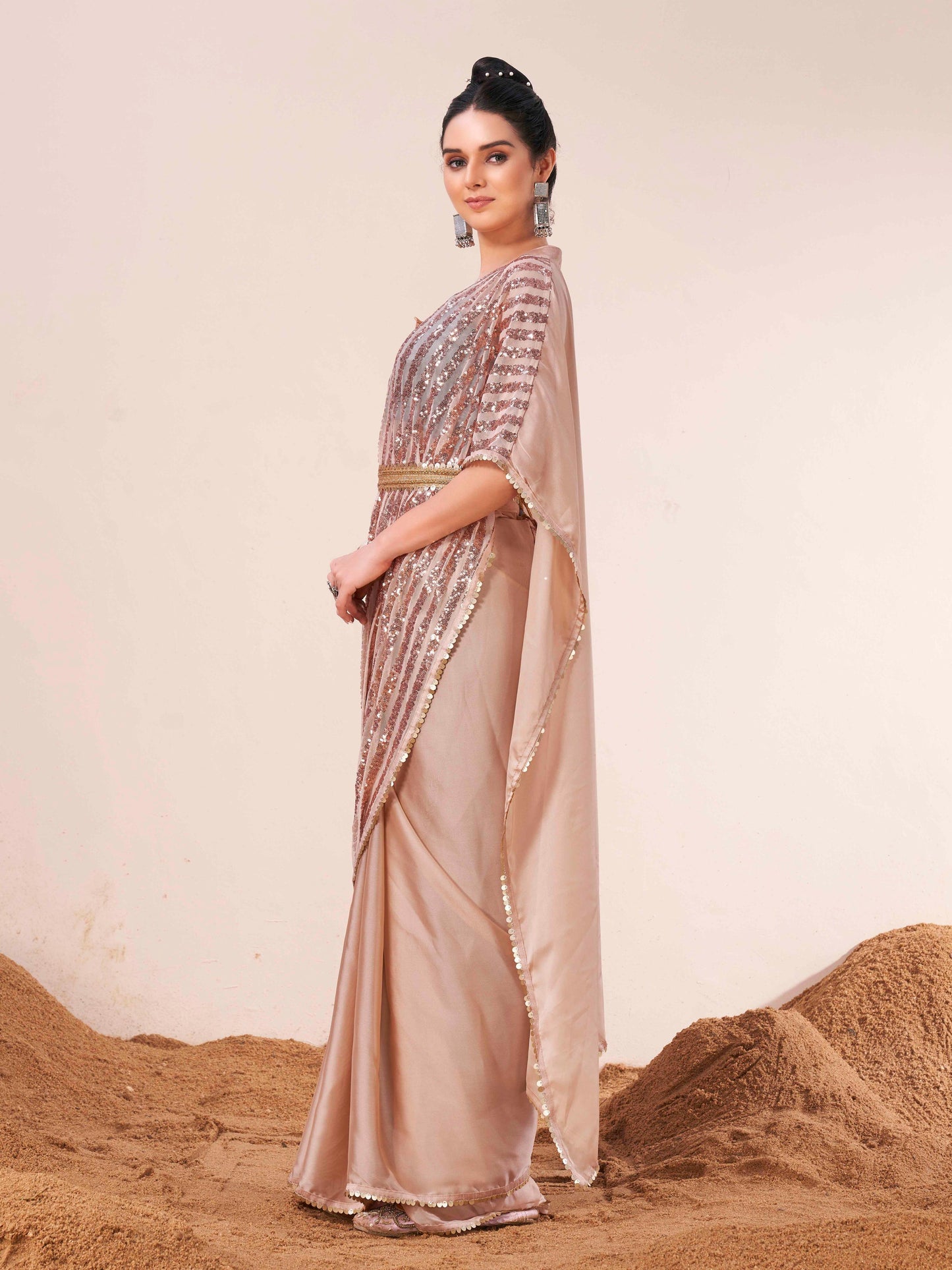 Dhiyona TI Women's Beige Colored Designer Kaftan Saree with Unstitched Blouse Embellished Belt
