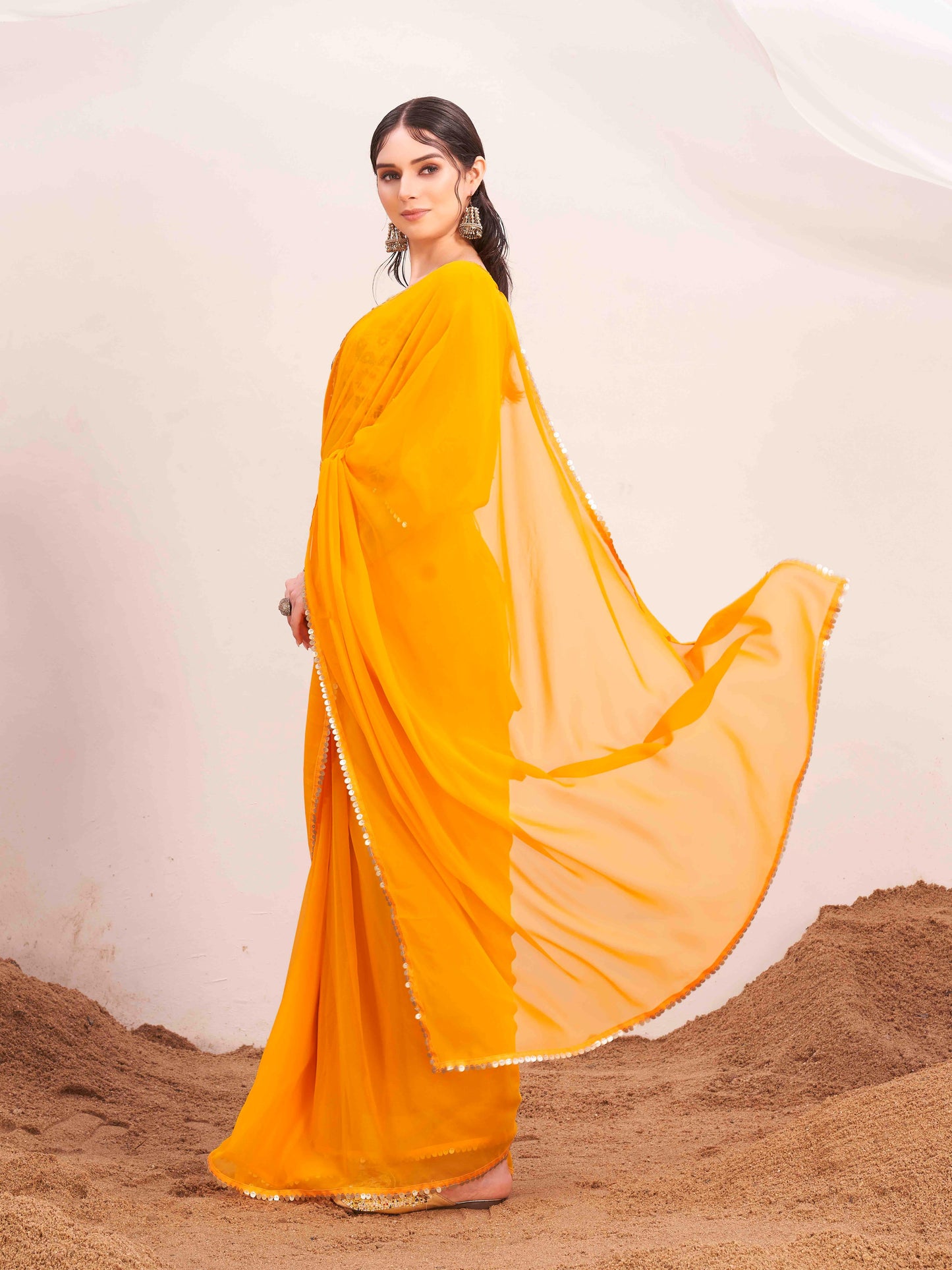 Dhiyona TI Women's Yellow Colored Poly Georgette Saree with Unstitched Blouse and Belt
