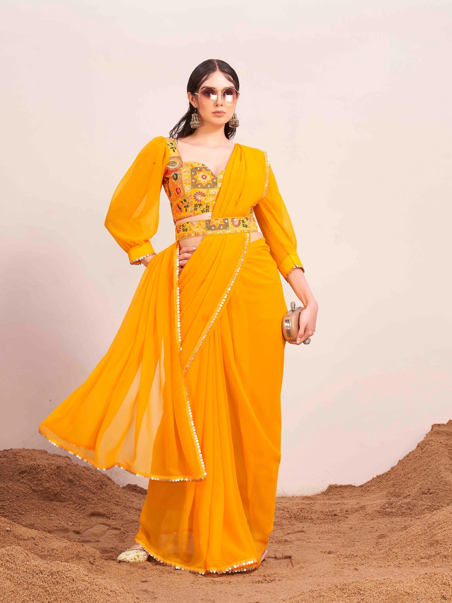 Dhiyona TI Women's Yellow Colored Poly Georgette Saree with Unstitched Blouse and Belt