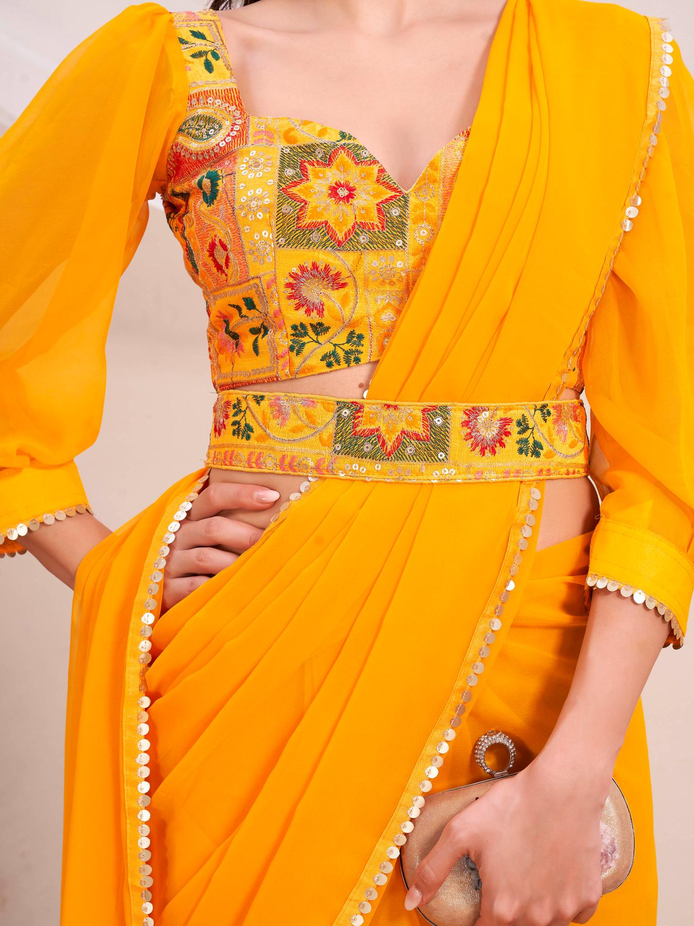 Dhiyona TI Women's Yellow Colored Poly Georgette Saree with Unstitched Blouse and Belt