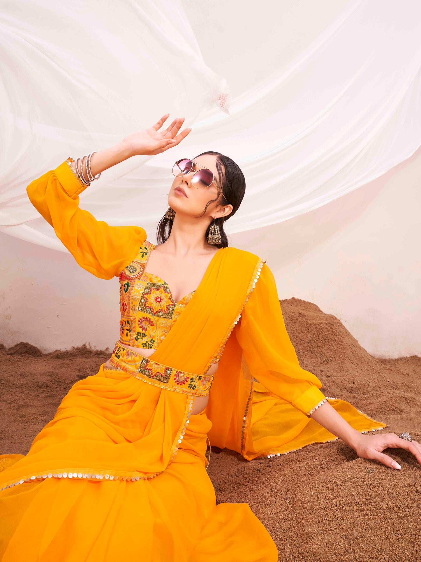 Dhiyona TI Women's Yellow Colored Poly Georgette Saree with Unstitched Blouse and Belt