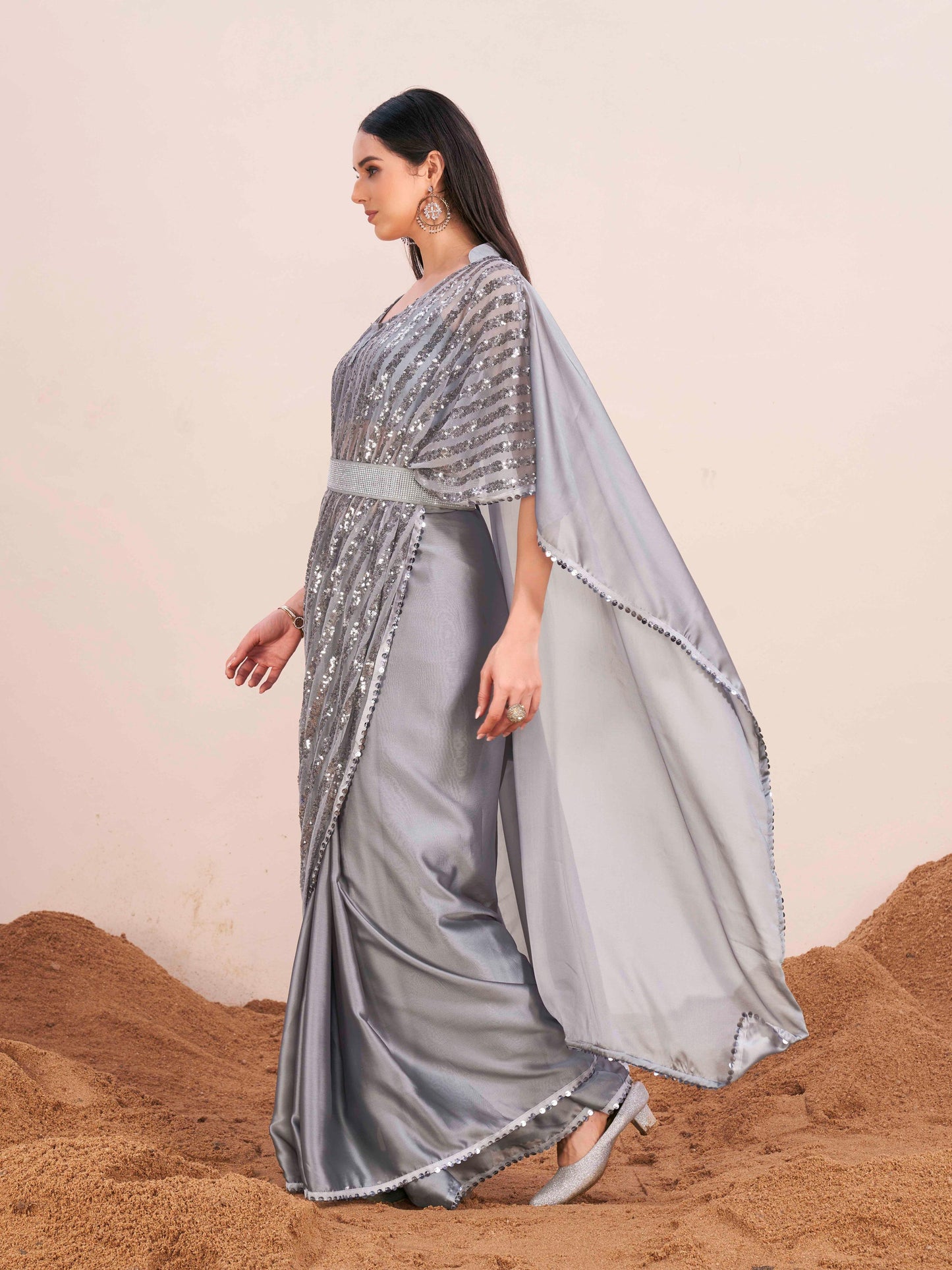 Dhiyona TI Women's Grey Colored Kaftan Designer Saree with Unstitched Blouse Embellished Belt