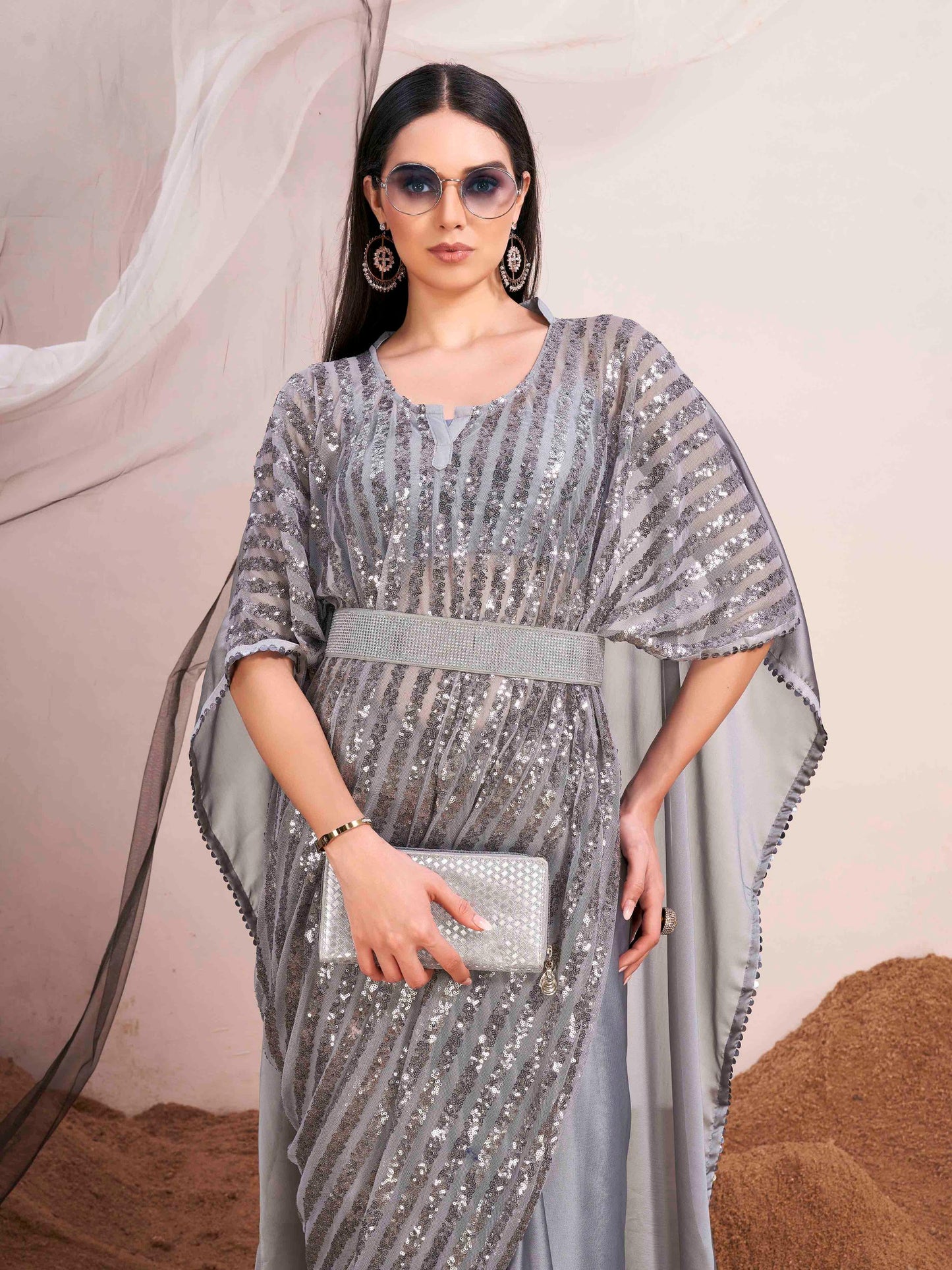 Dhiyona TI Women's Grey Colored Kaftan Designer Saree with Unstitched Blouse Embellished Belt