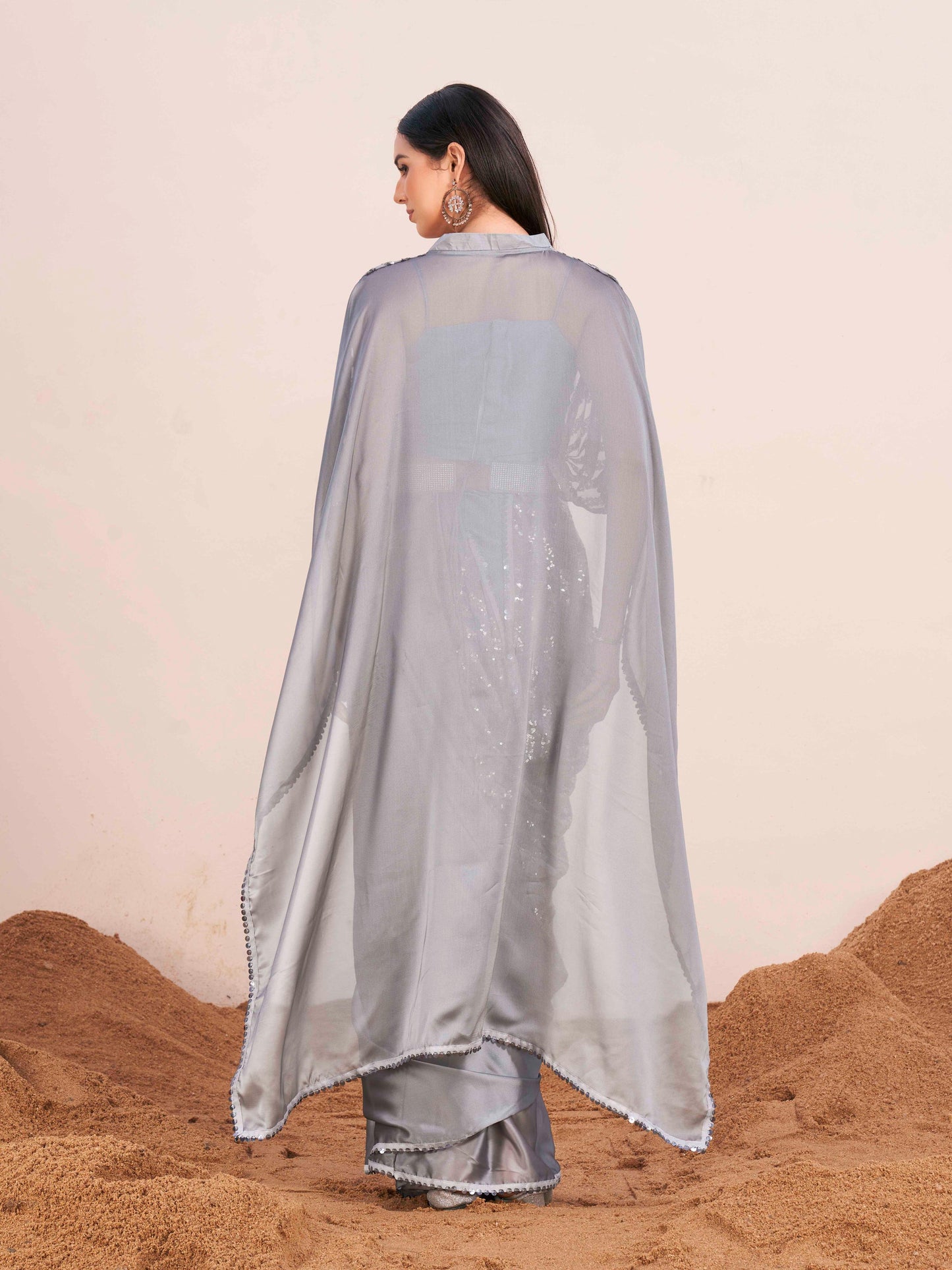 Dhiyona TI Women's Grey Colored Kaftan Designer Saree with Unstitched Blouse Embellished Belt
