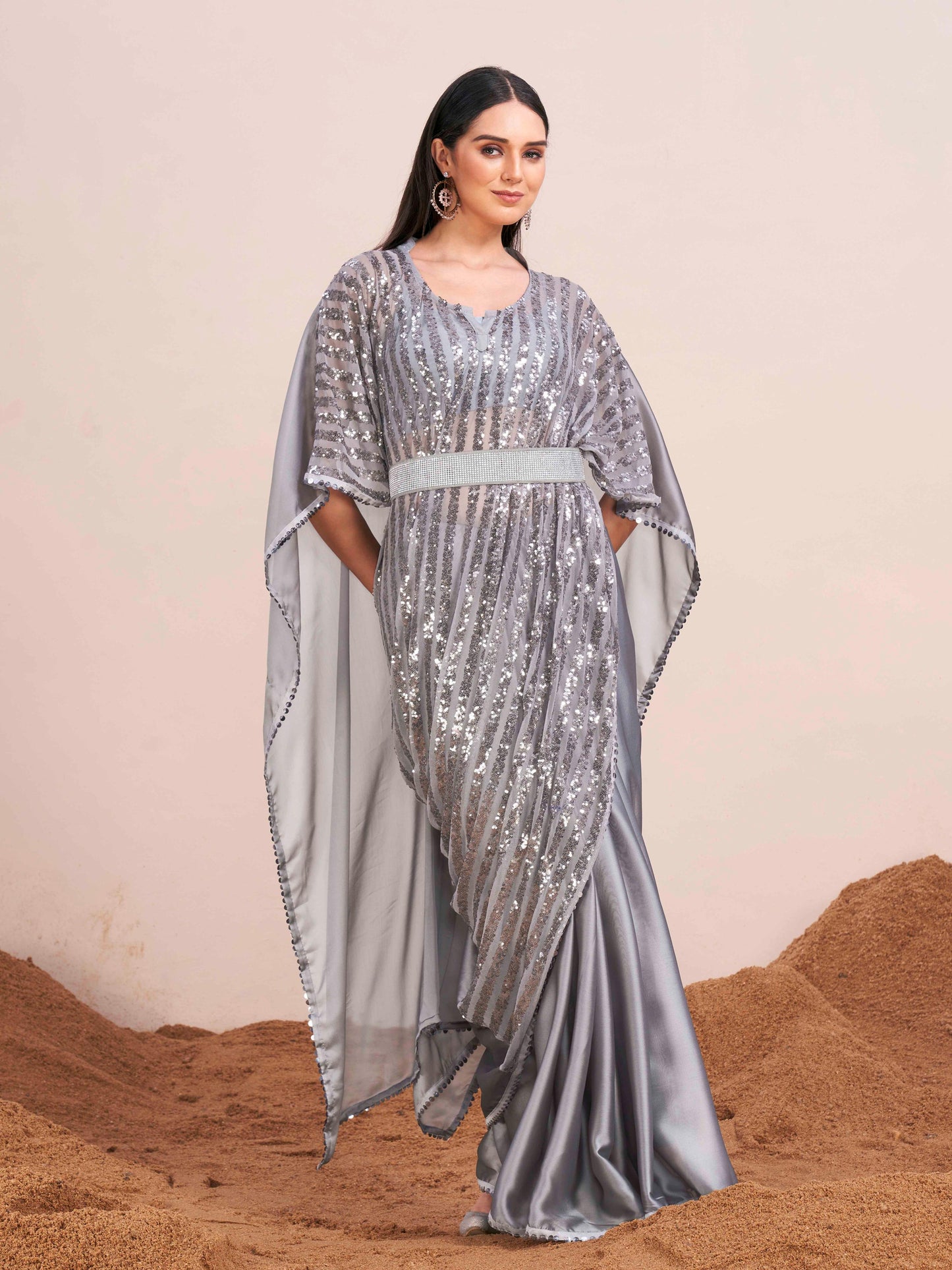 Dhiyona TI Women's Grey Colored Kaftan Designer Saree with Unstitched Blouse Embellished Belt