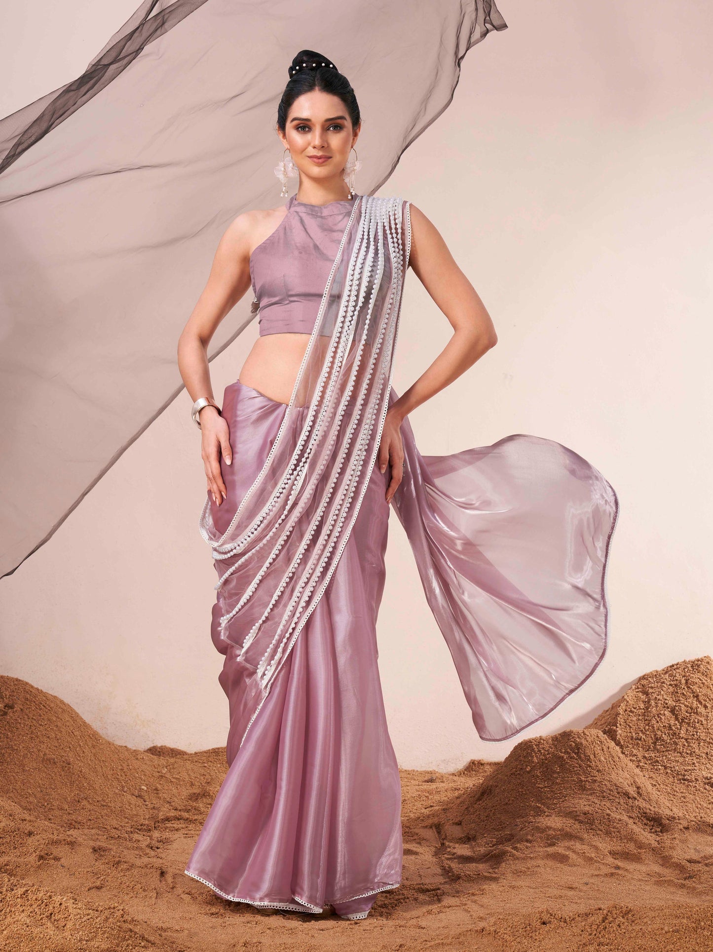 Dhiyona TI Women's Lavender Fancy Moti Lace Designer Saree with Unstitched Blouse