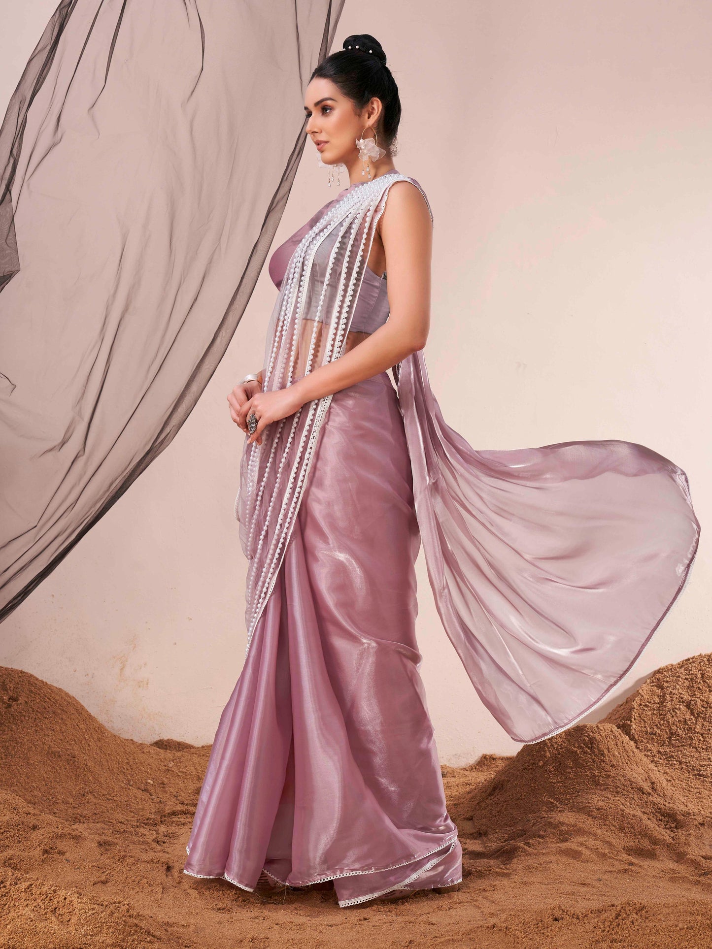 Dhiyona TI Women's Lavender Fancy Moti Lace Designer Saree with Unstitched Blouse