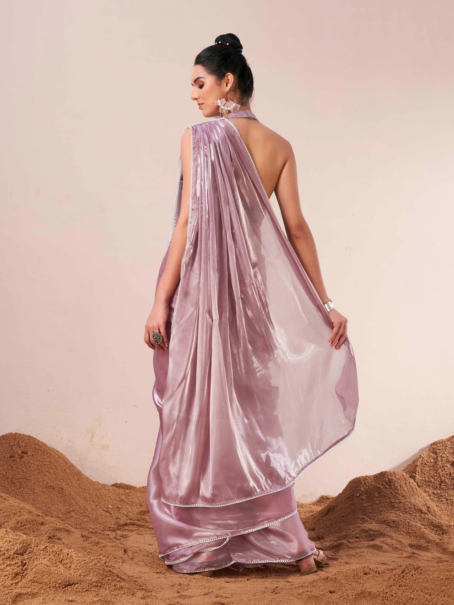 Dhiyona TI Women's Lavender Fancy Moti Lace Designer Saree with Unstitched Blouse