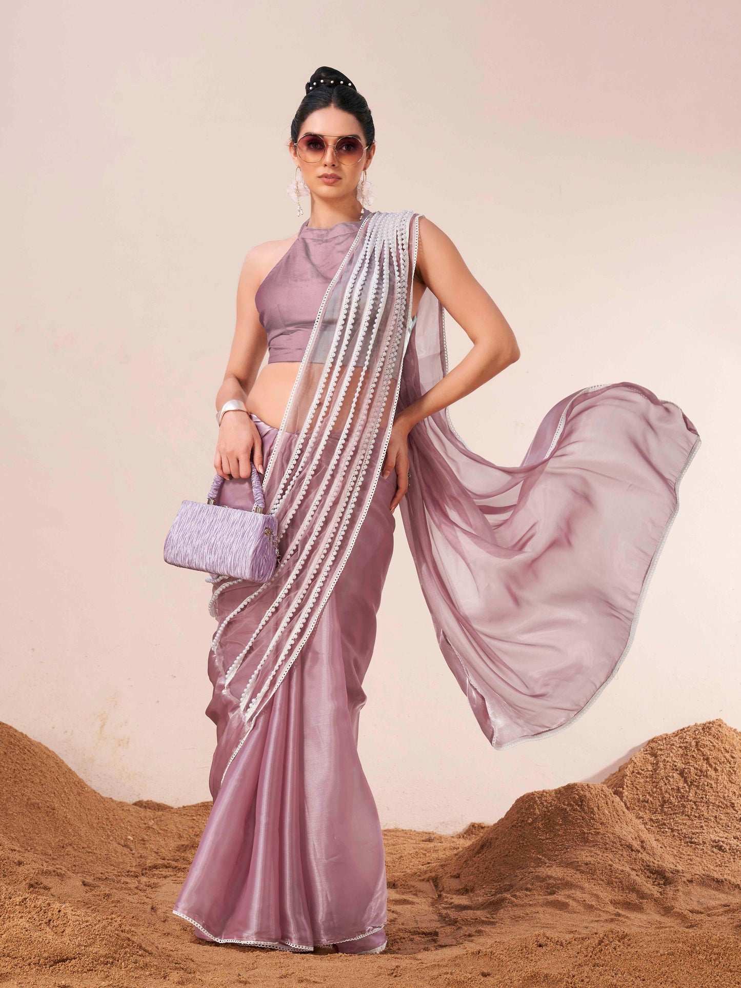 Dhiyona TI Women's Lavender Fancy Moti Lace Designer Saree with Unstitched Blouse
