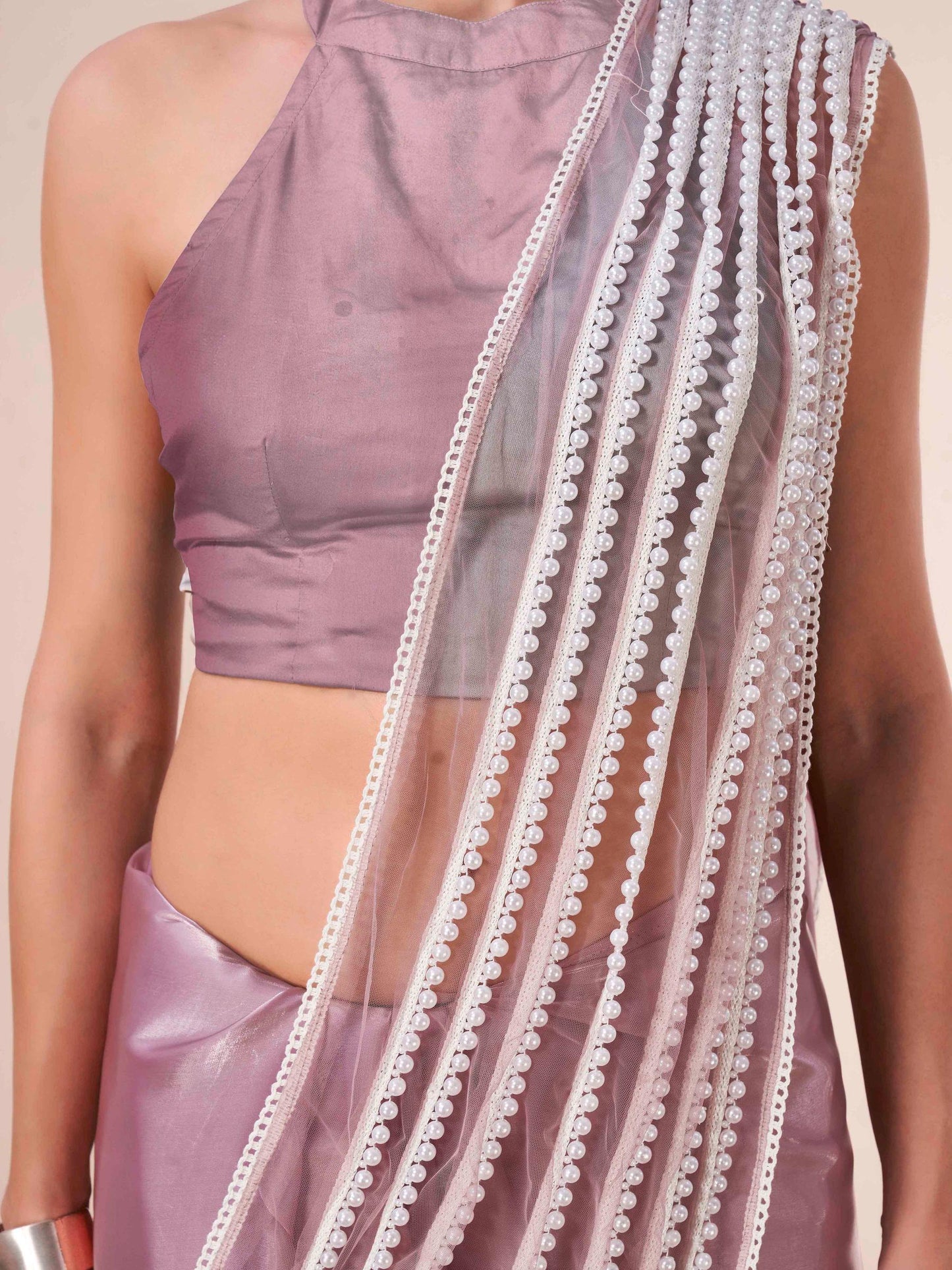 Dhiyona TI Women's Lavender Fancy Moti Lace Designer Saree with Unstitched Blouse