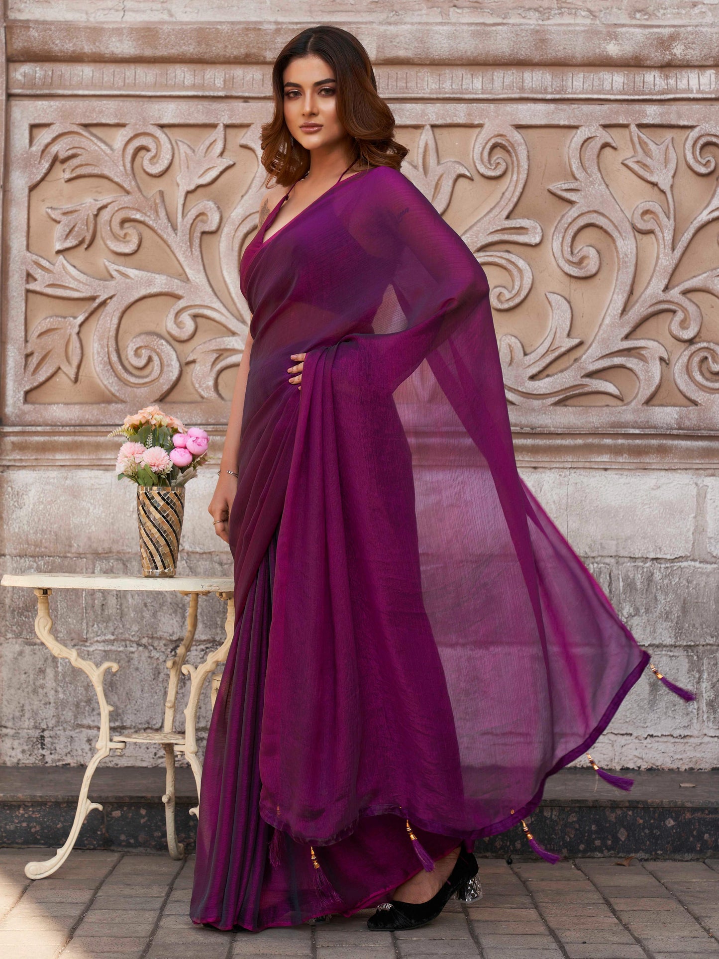 Dhiyona TI Women's Two Tone Purple Solid Saree with Unstitched Blouse