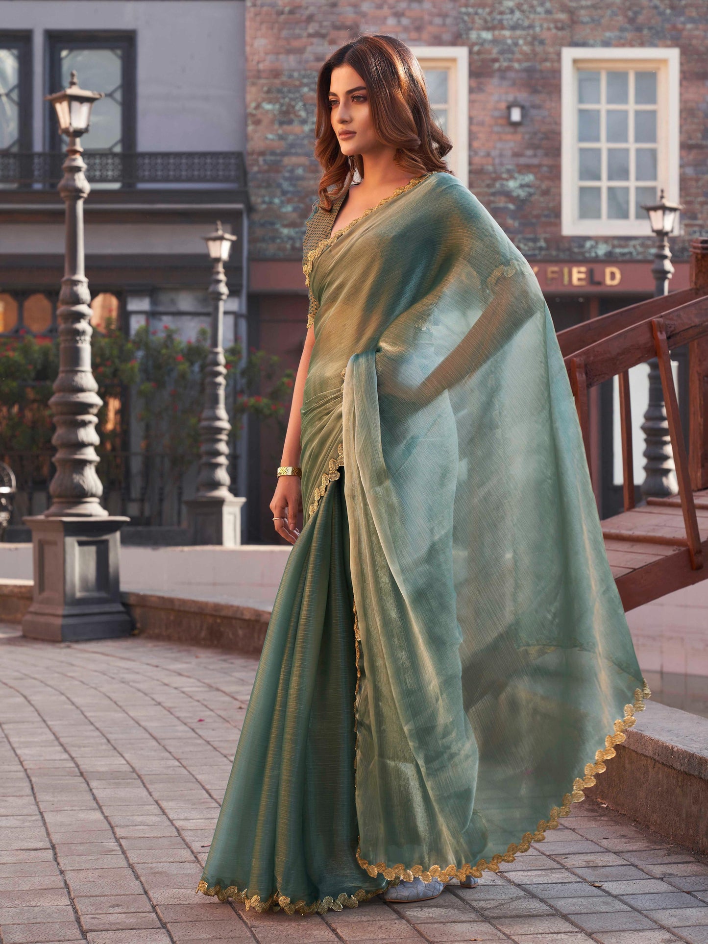 Dhiyona TI Women's Olive Green and Gold Jimmy Lace Saree with Unstitched Blouse