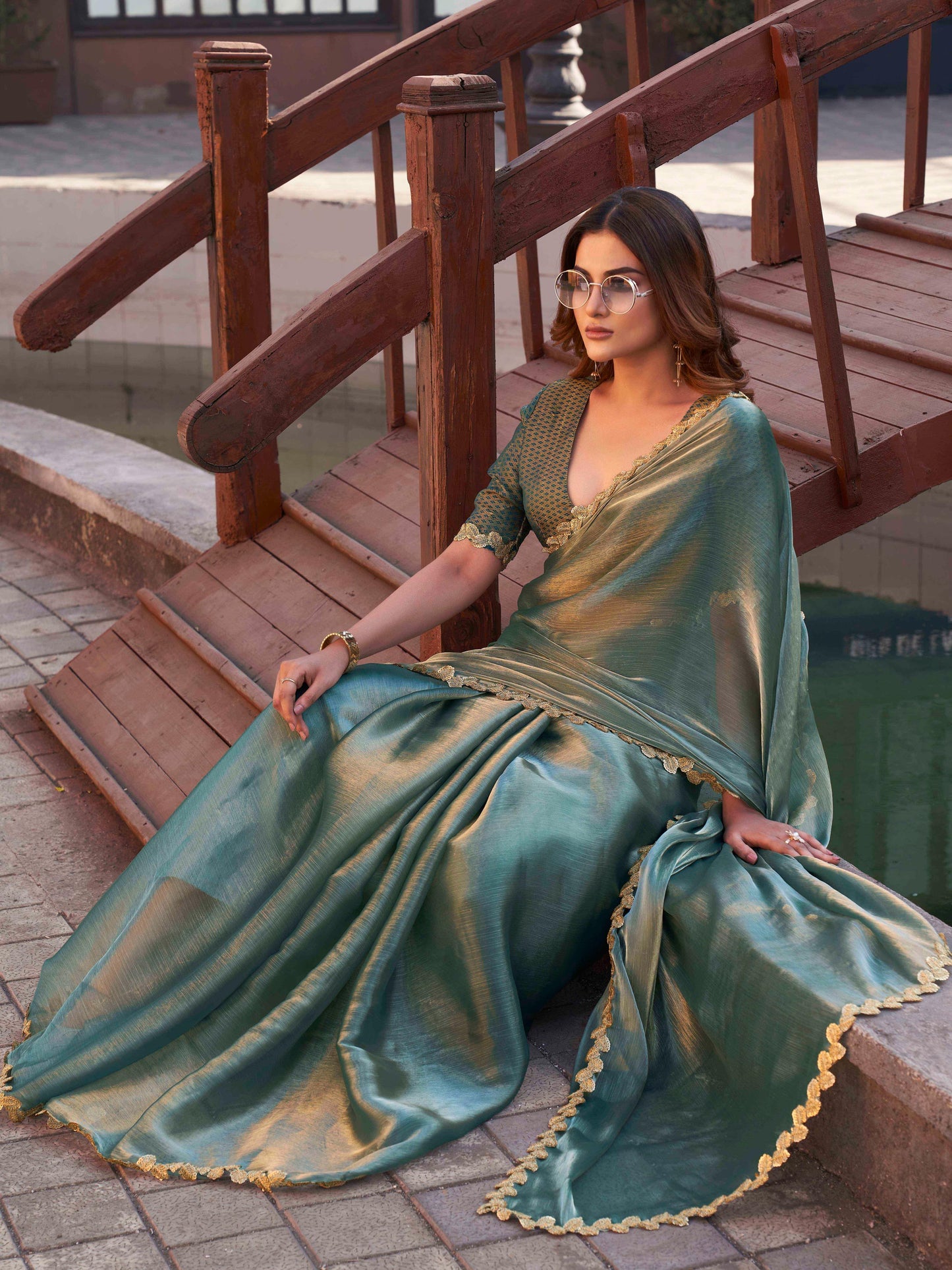 Dhiyona TI Women's Olive Green and Gold Jimmy Lace Saree with Unstitched Blouse