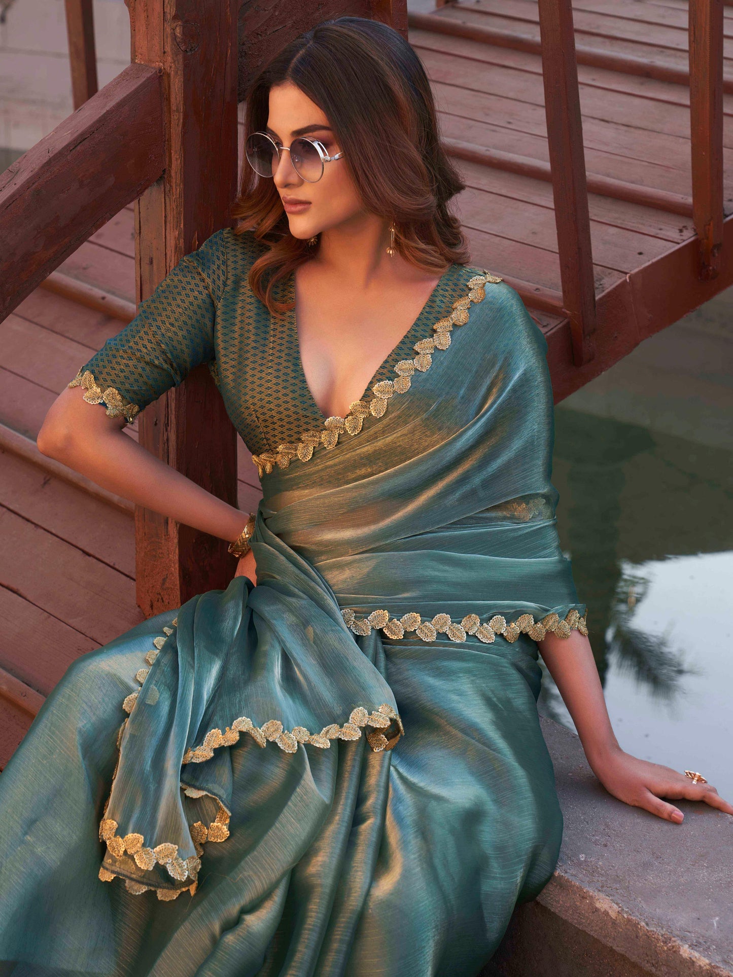 Dhiyona TI Women's Olive Green and Gold Jimmy Lace Saree with Unstitched Blouse