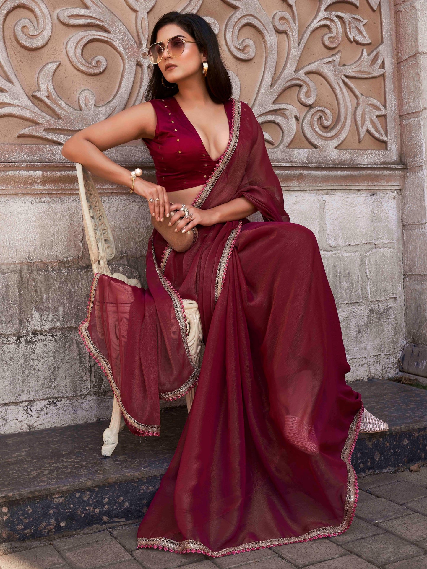 Dhiyona TI Women's Maroon Shimmer Chiffon Saree with Unstitched Blouse