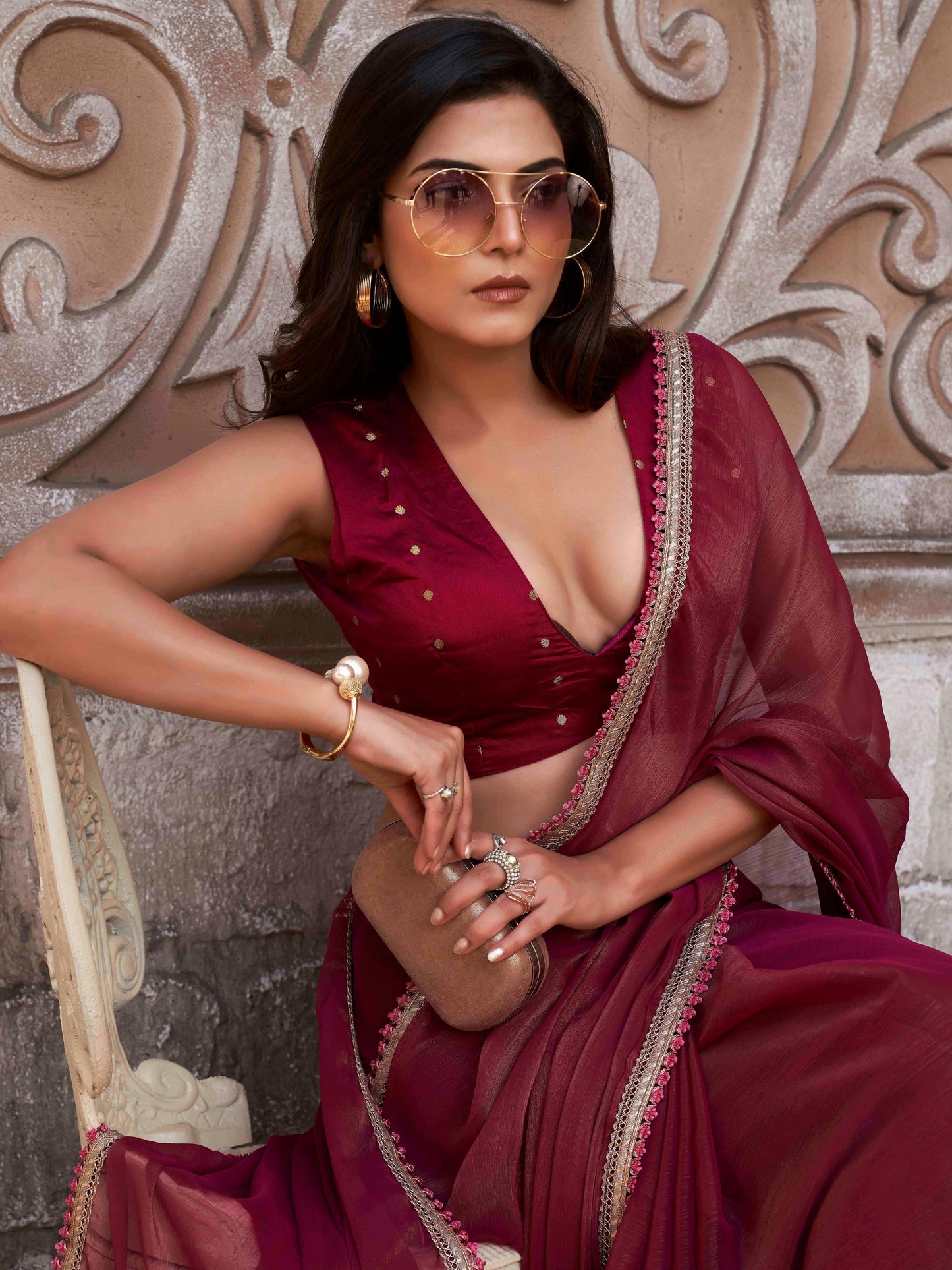 Dhiyona TI Women's Maroon Shimmer Chiffon Saree with Unstitched Blouse