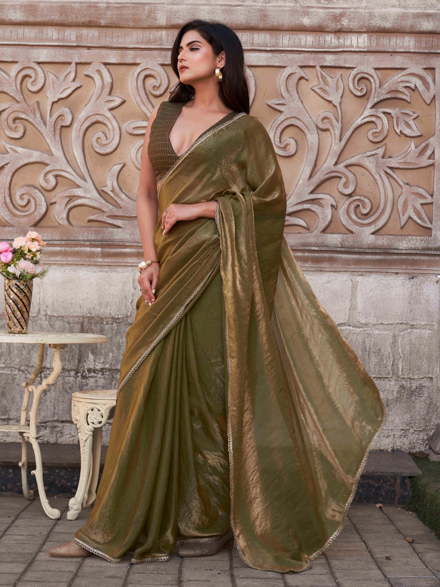 Dhiyona TI Women's Pre-Drape Green and Gold Two Tone Satin Saree with Unstitched Blouse