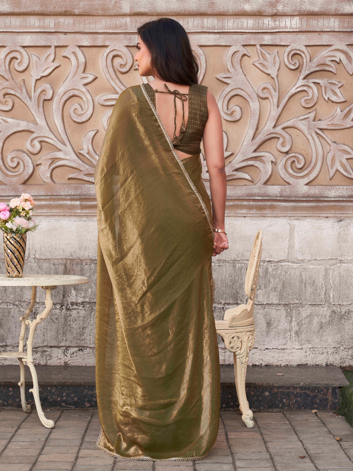 Dhiyona TI Women's Pre-Drape Green and Gold Two Tone Satin Saree with Unstitched Blouse