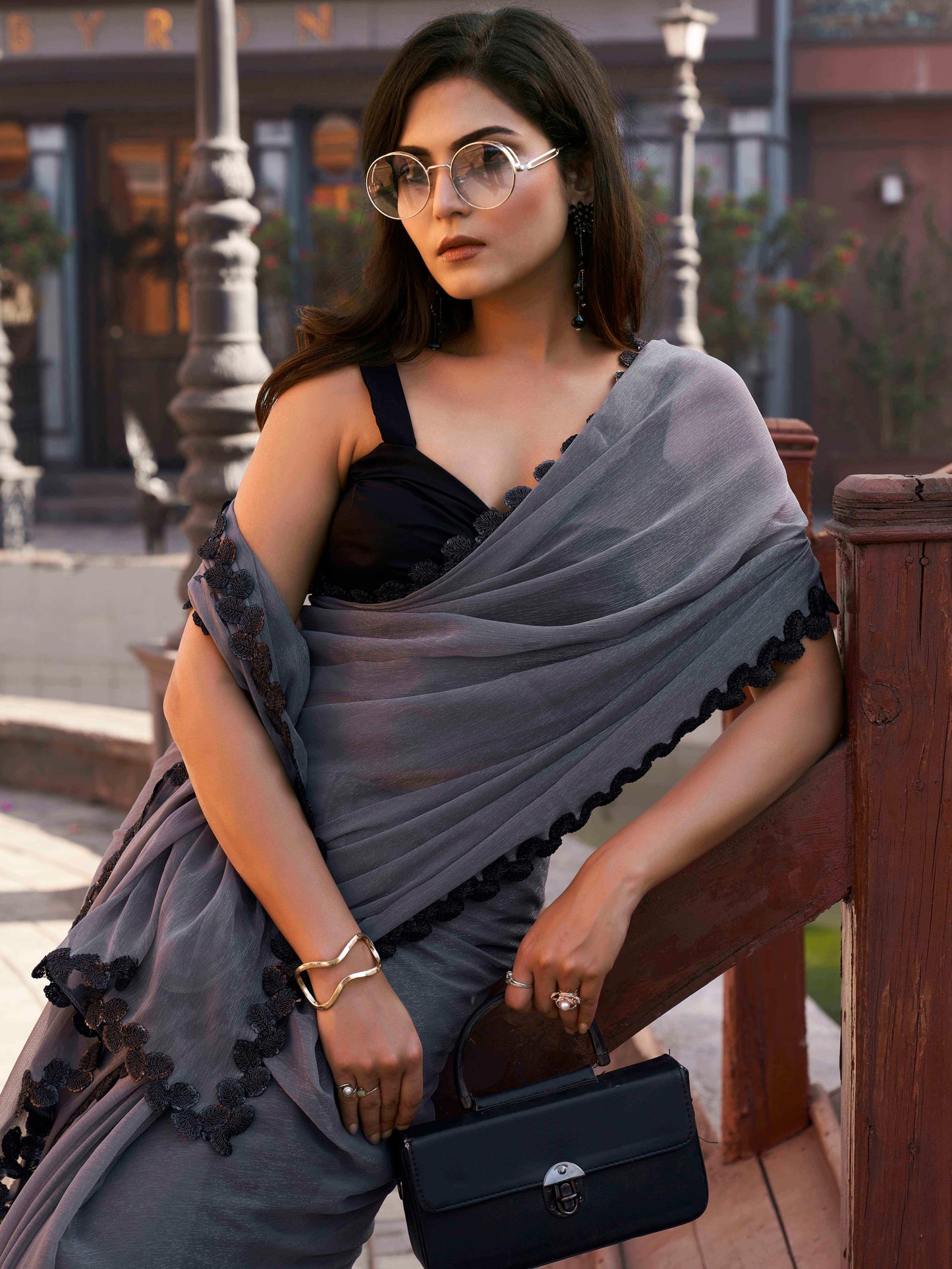 Dhiyona TI Women's Grey Shimmer Chffon Saree with Unstitched Blouse
