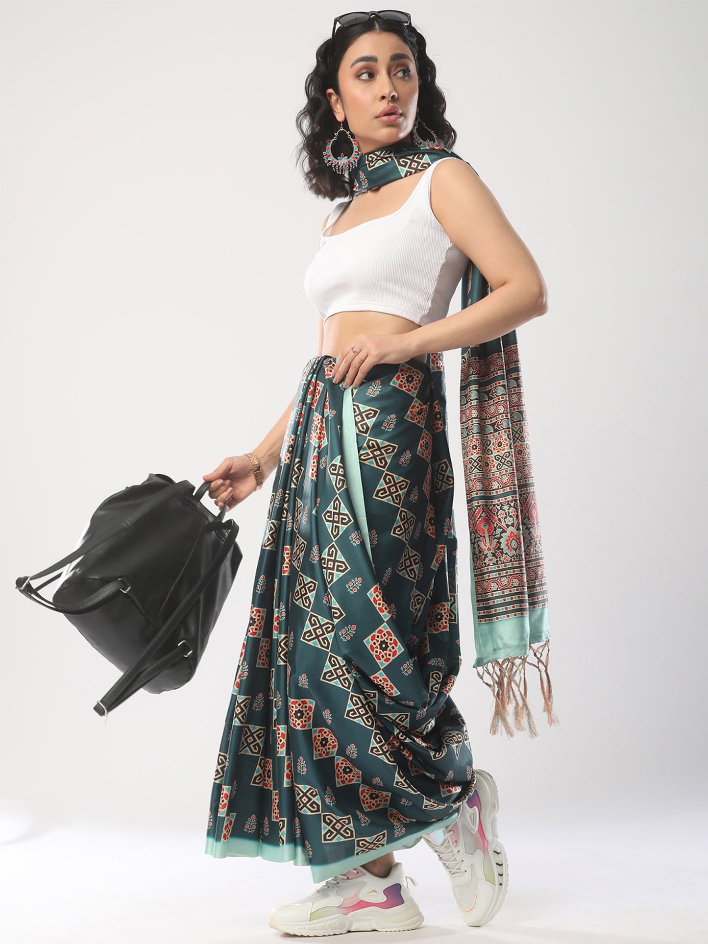 Women's Satin Silk Teal blue Printed Designer Saree With Blouse Piece