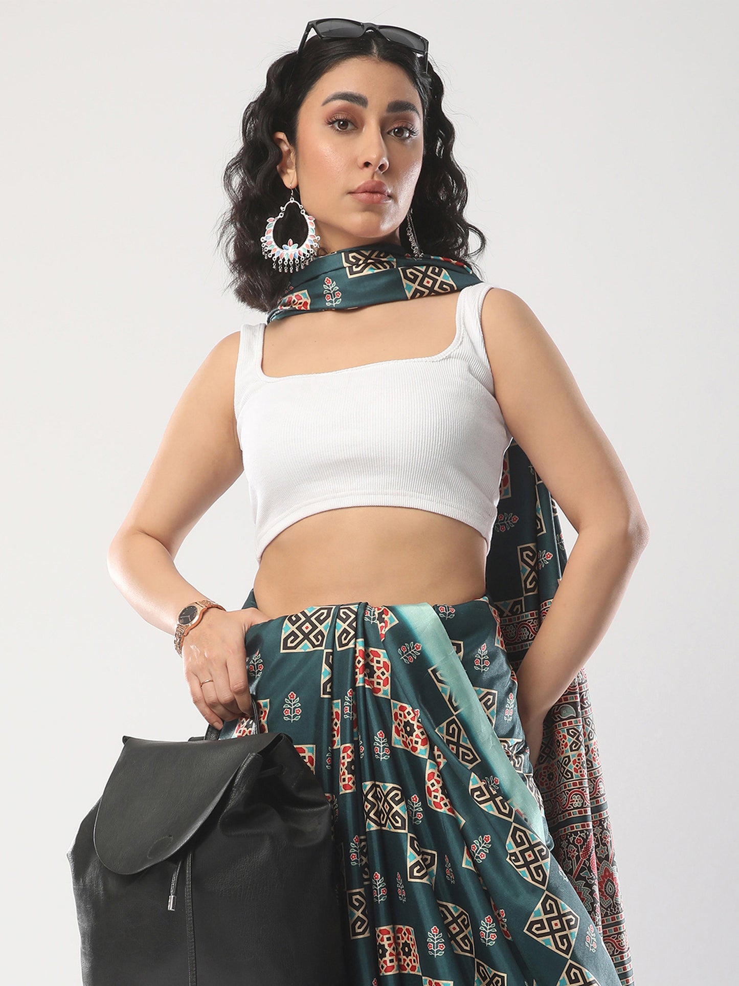 Women's Satin Silk Teal blue Printed Designer Saree With Blouse Piece
