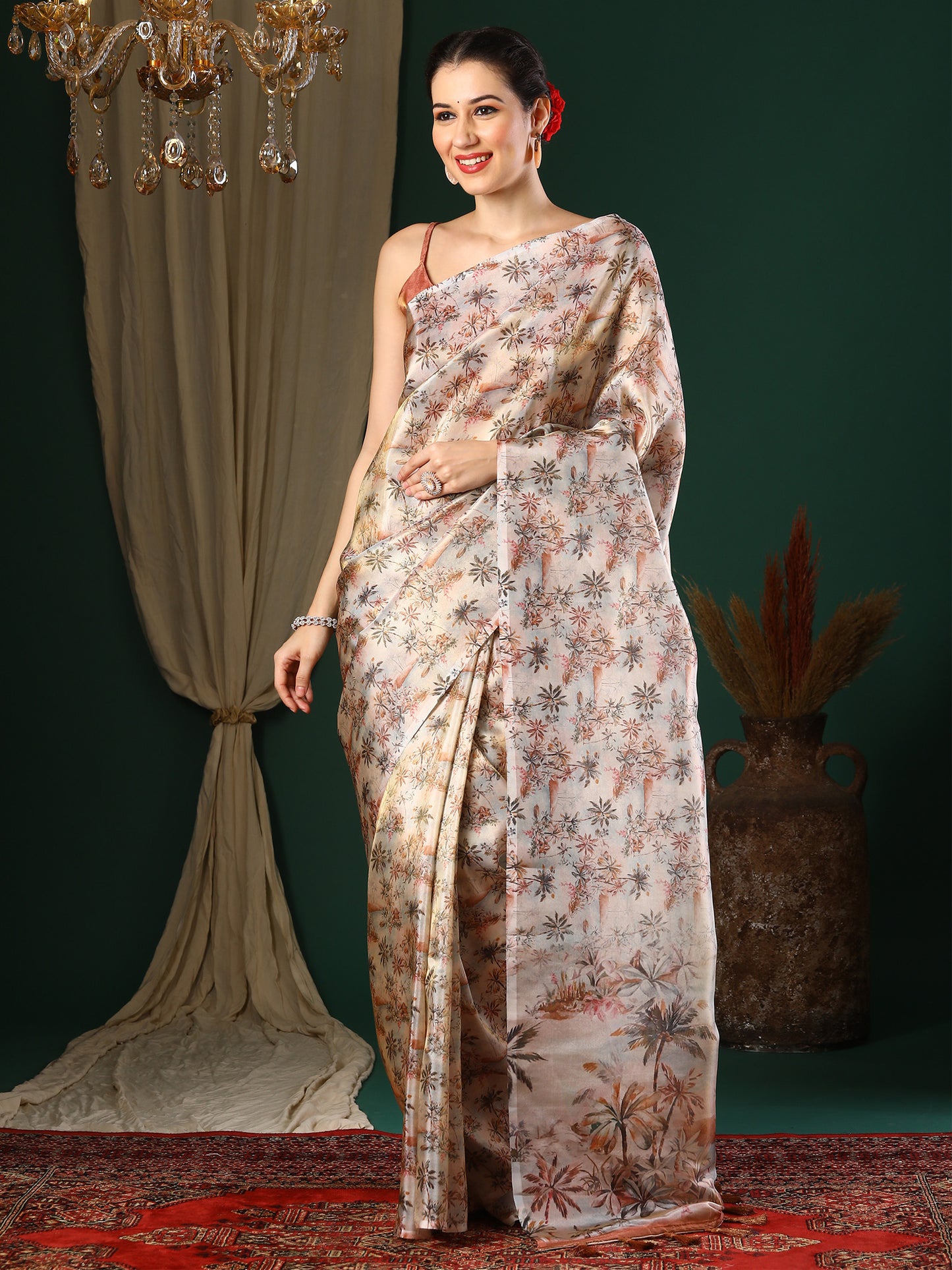 Women's Organza Cream Printed Designer Saree With Blouse Piece