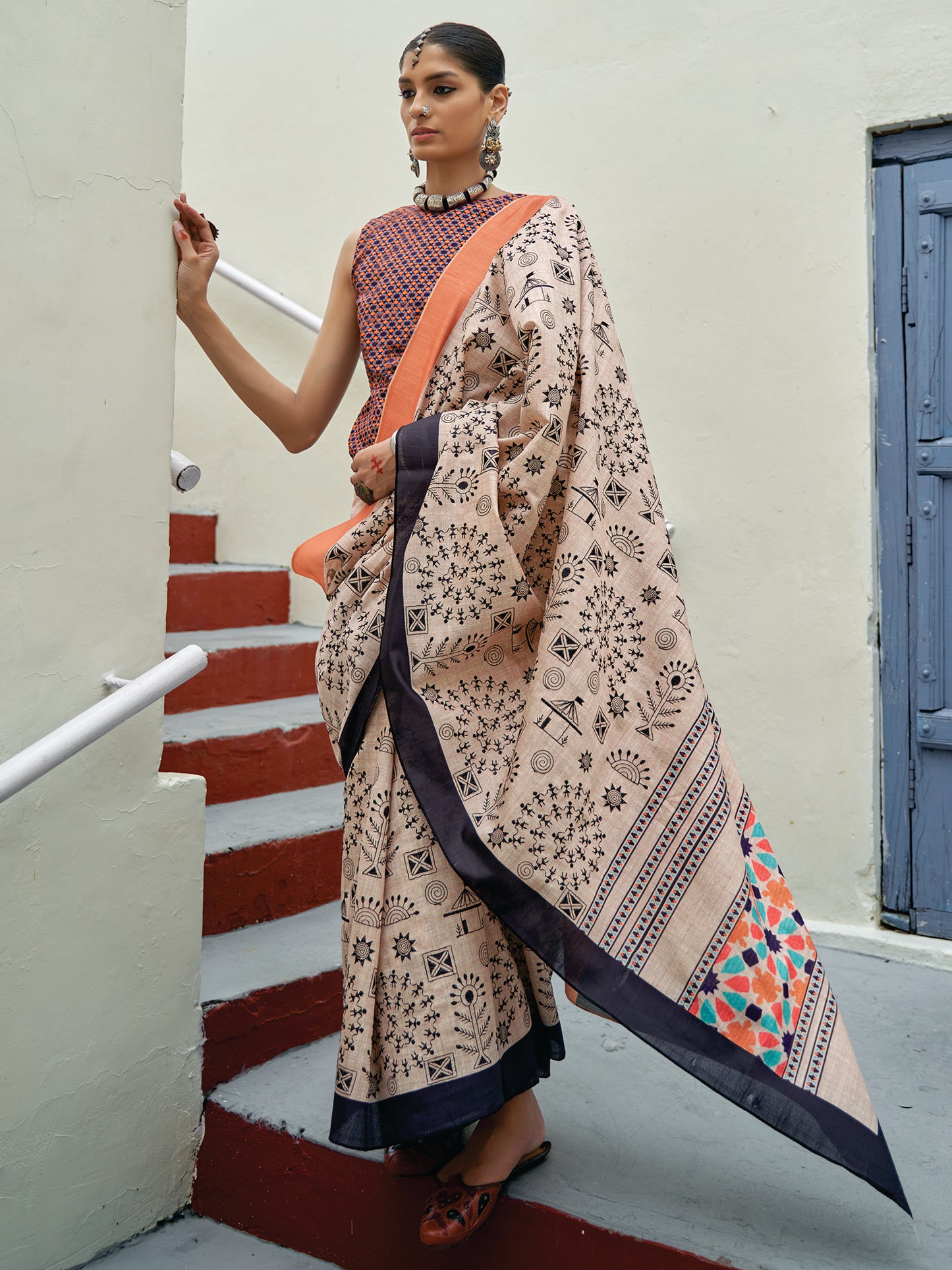 Women's Bhagalpuri Silk Cream Embroidered Celebrity Saree With Blouse Piece
