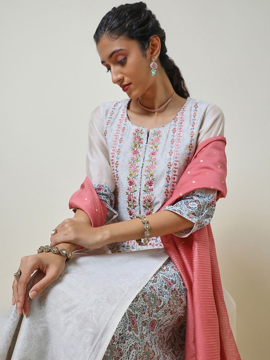 Dhiyona SO Women's Ethnic Motifs Embroidered Chanderi Silk A-Line Kurta with Trousers & With Dupatta